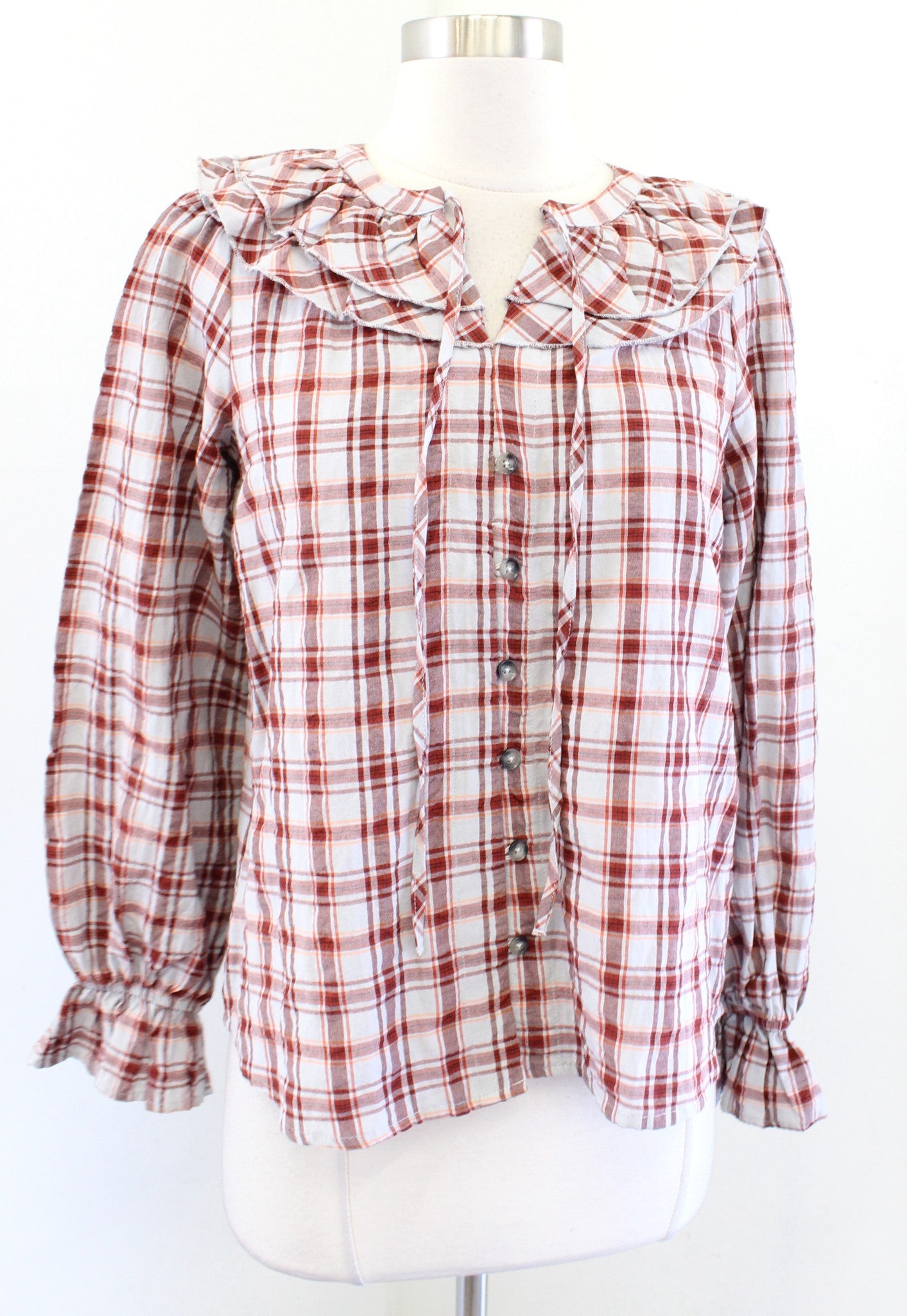 Maeve Anthropologie Plaid Ruffle Button Front Tie Neck Top Blouse Size XS Red