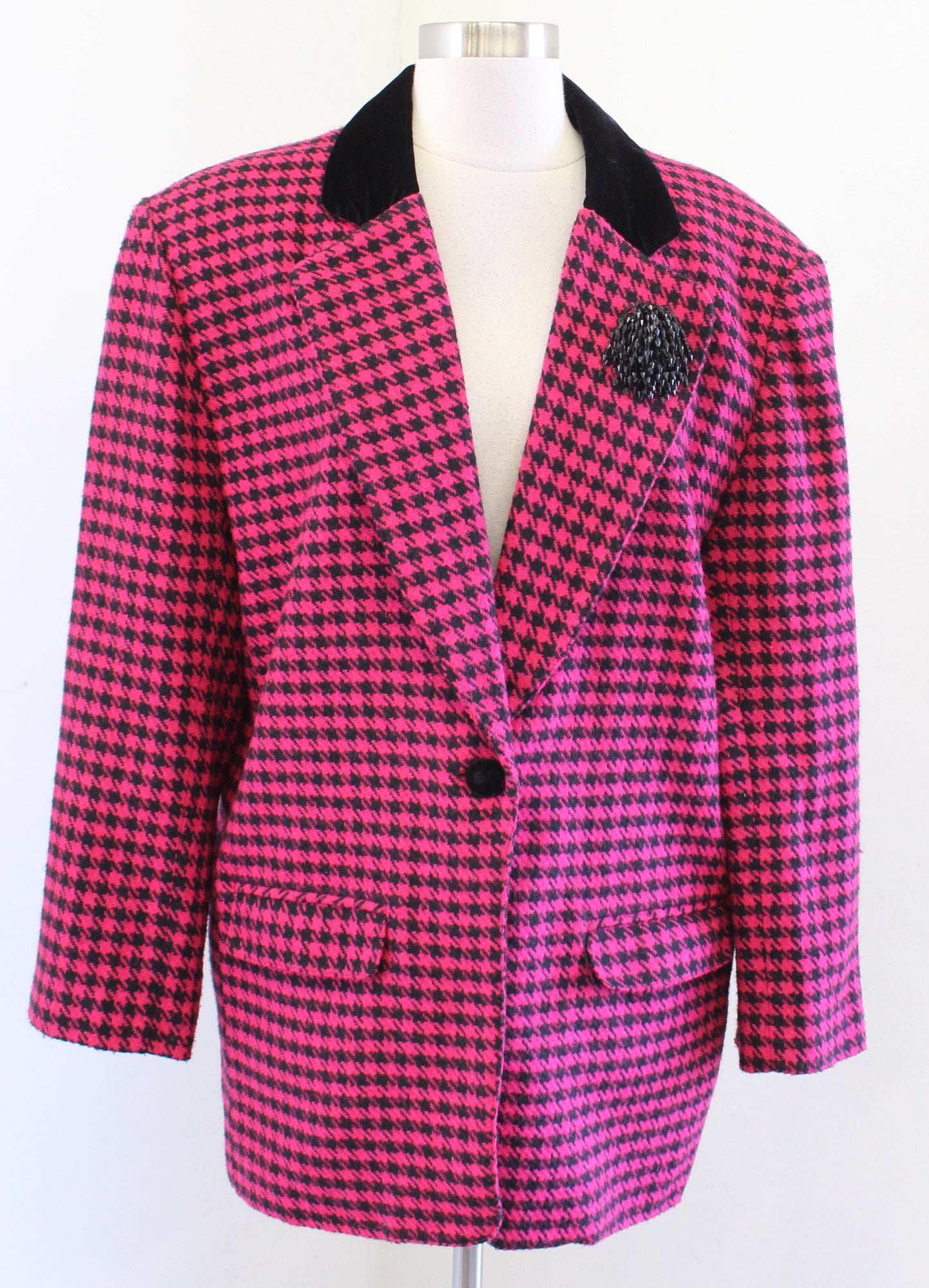 Vtg 90s Womens Pink Black Houndstooth Tweed Oversized Blazer Jacket Size 8 Retro