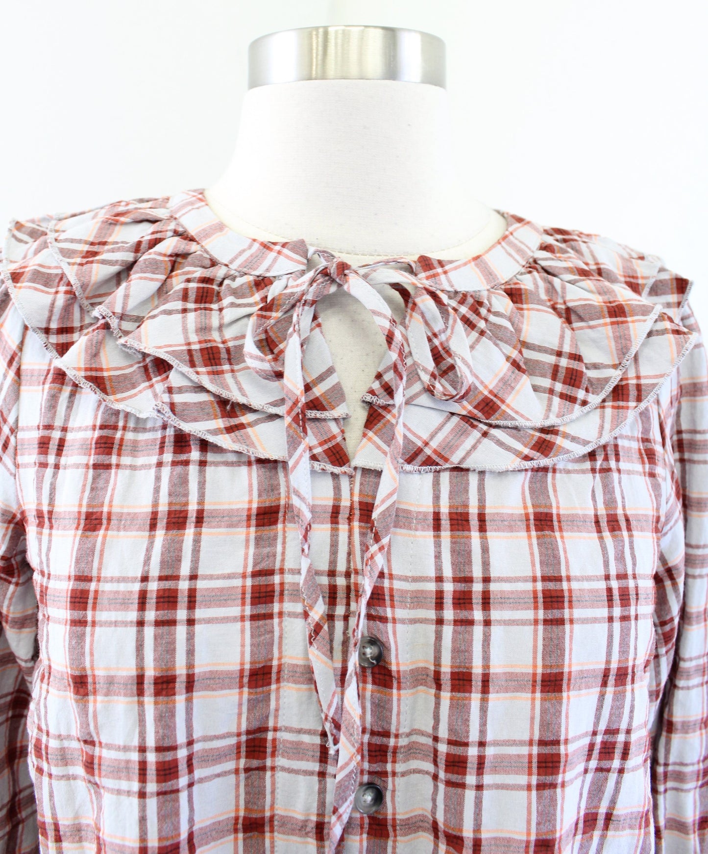 Maeve Anthropologie Plaid Ruffle Button Front Tie Neck Top Blouse Size XS Red