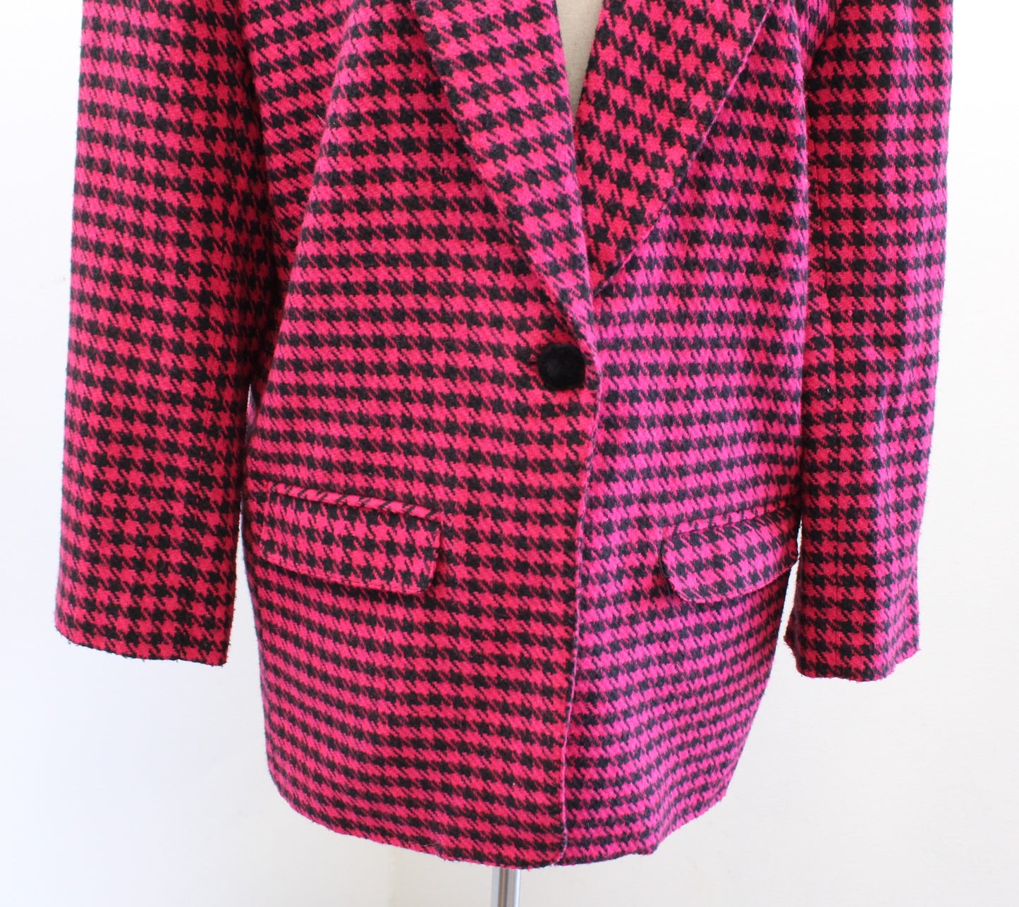 Vtg 90s Womens Pink Black Houndstooth Tweed Oversized Blazer Jacket Size 8 Retro