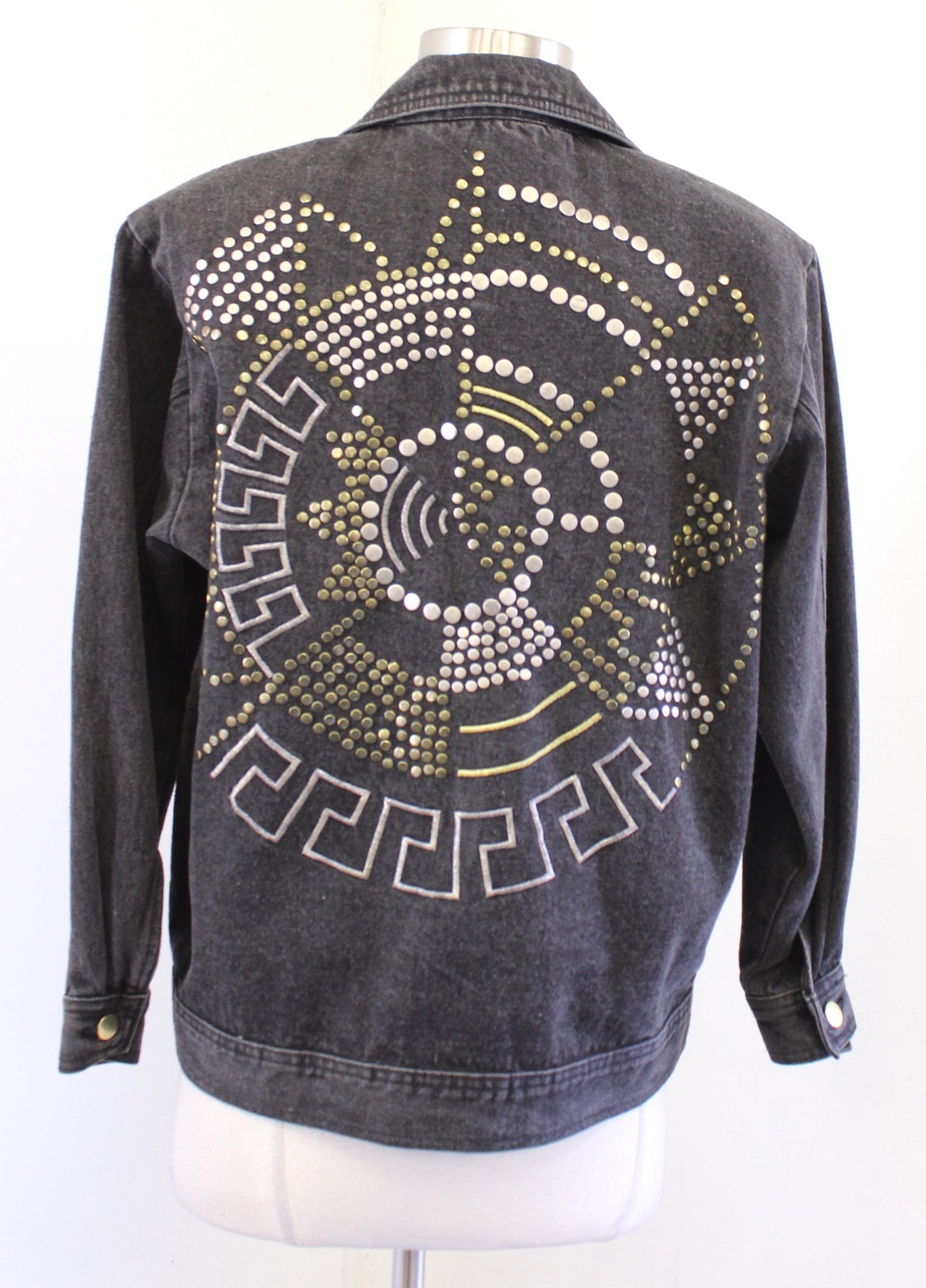 Vtg 90s Gray Gold Silver Studded Embellished Denim Jean Jacket Size 4 Retro