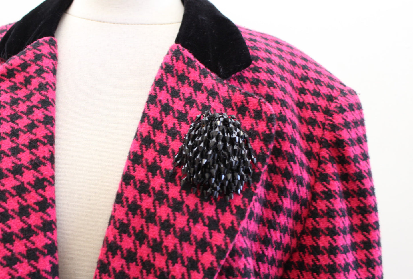 Vtg 90s Womens Pink Black Houndstooth Tweed Oversized Blazer Jacket Size 8 Retro