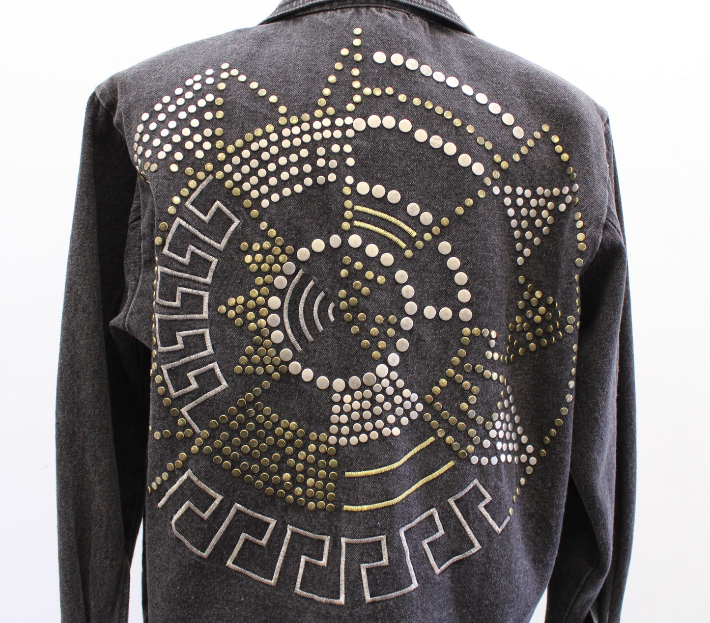 Vtg 90s Gray Gold Silver Studded Embellished Denim Jean Jacket Size 4 Retro