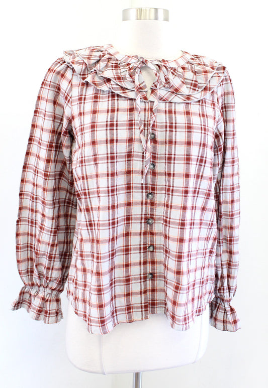 Maeve Anthropologie Plaid Ruffle Button Front Tie Neck Top Blouse Size XS Red