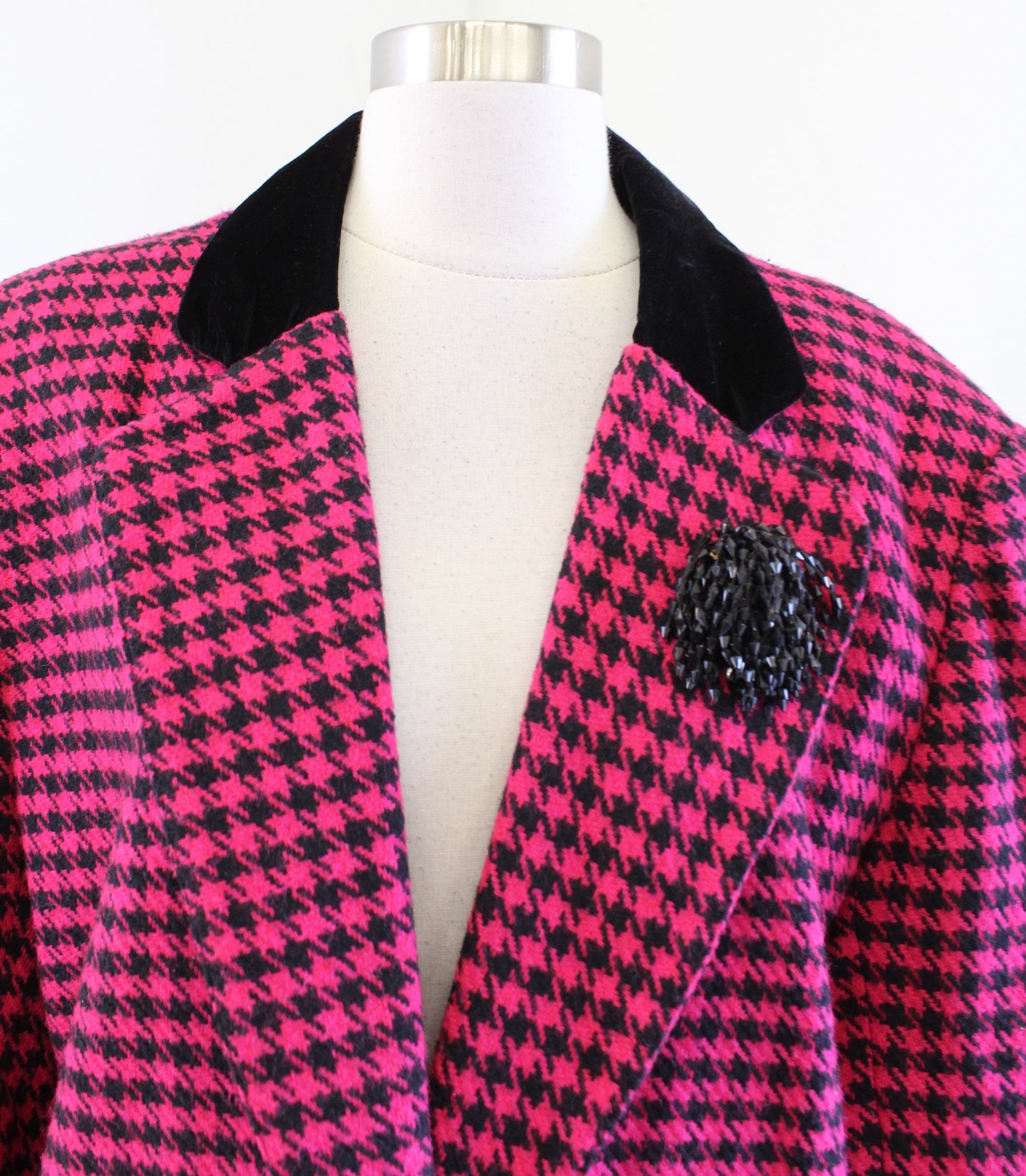 Vtg 90s Womens Pink Black Houndstooth Tweed Oversized Blazer Jacket Size 8 Retro