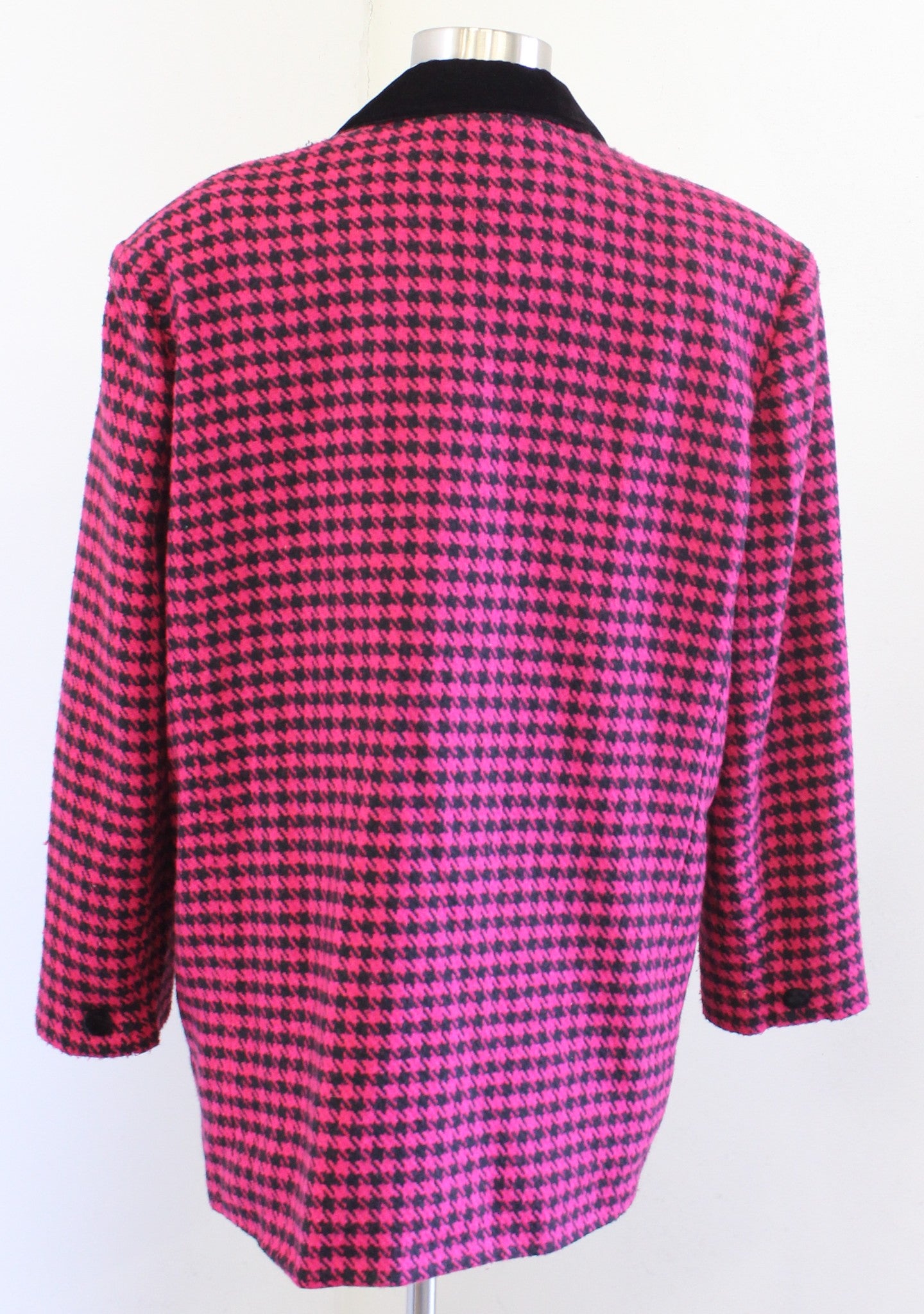 Vtg 90s Womens Pink Black Houndstooth Tweed Oversized Blazer Jacket Size 8 Retro