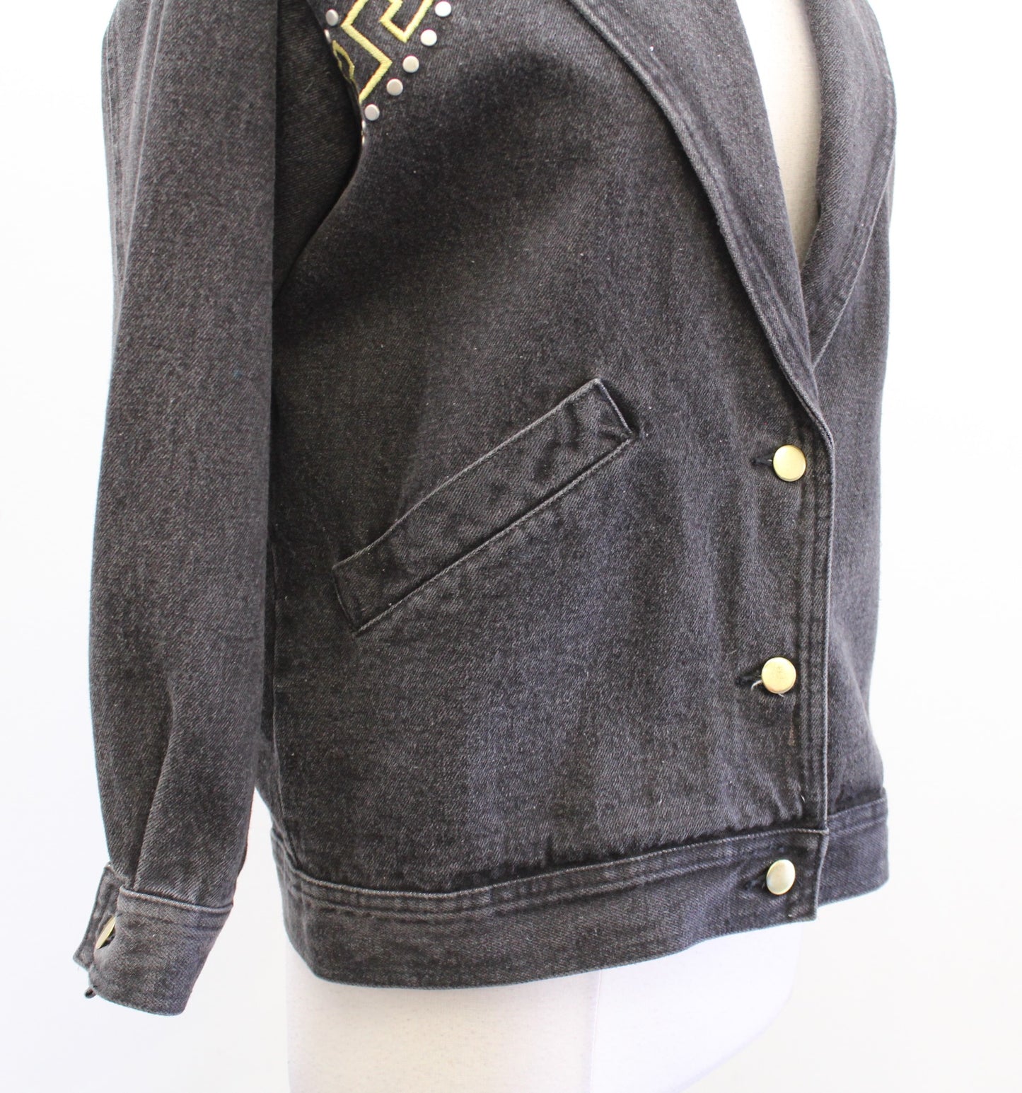 Vtg 90s Gray Gold Silver Studded Embellished Denim Jean Jacket Size 4 Retro