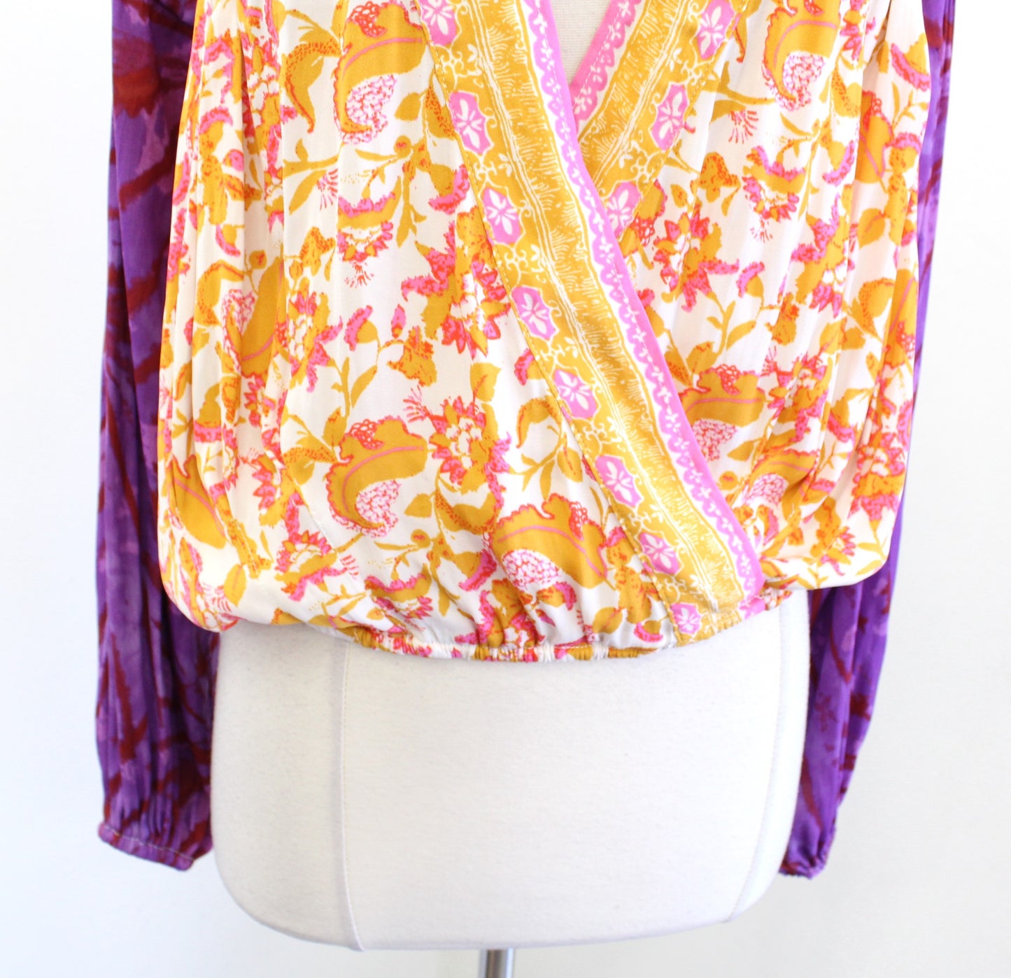 Free People Cruisin Together Surplice Wrap Front Printed Top Blouse Size XS Long Sleeve