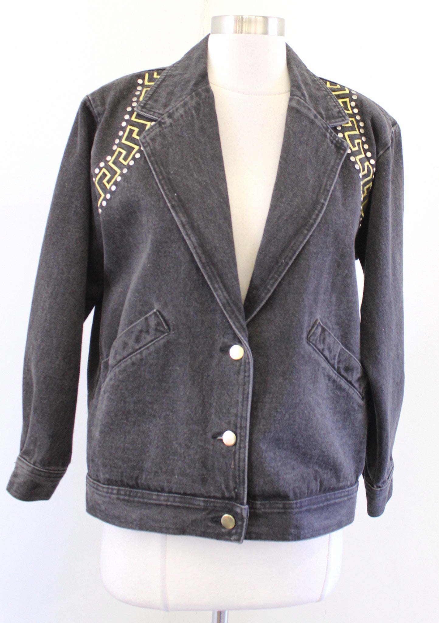 Vtg 90s Gray Gold Silver Studded Embellished Denim Jean Jacket Size 4 Retro