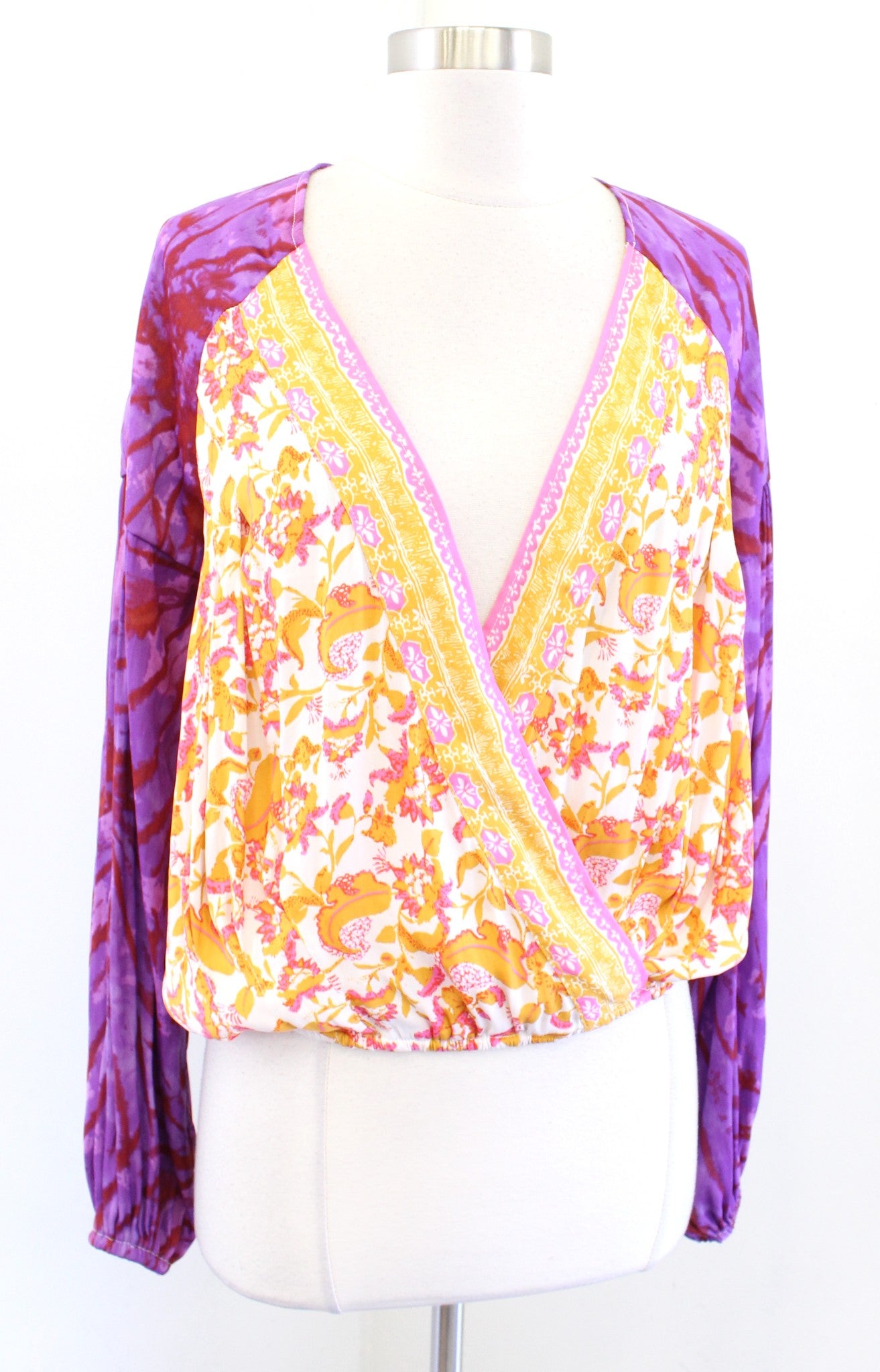Free People Cruisin Together Surplice Wrap Front Printed Top Blouse Size XS Long Sleeve