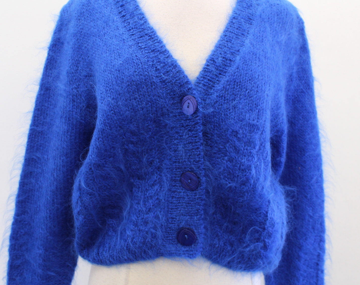 Vtg 90s Blue Mohair Wool Blend Fuzzy Textured Cropped Cardigan Sweater Size S