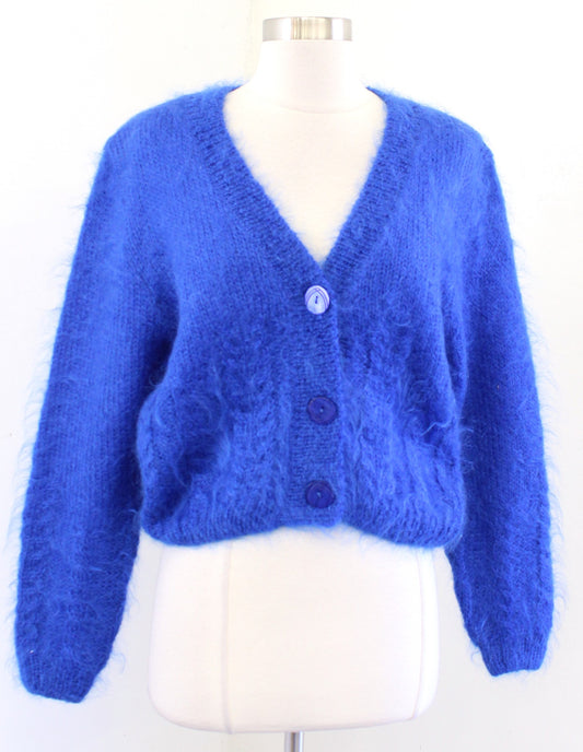 Vtg 90s Blue Mohair Wool Blend Fuzzy Textured Cropped Cardigan Sweater Size S