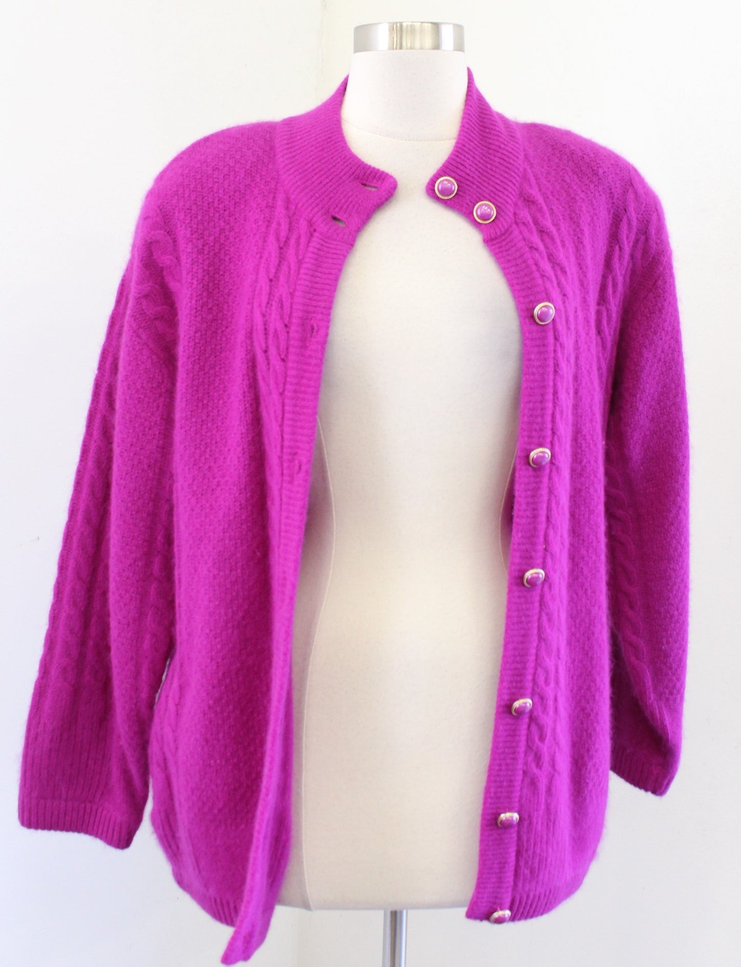 Vtg 90s Berry Magenta Lambswool Angora Rabbit Hair Sweater Jacket Cardigan Sz XS