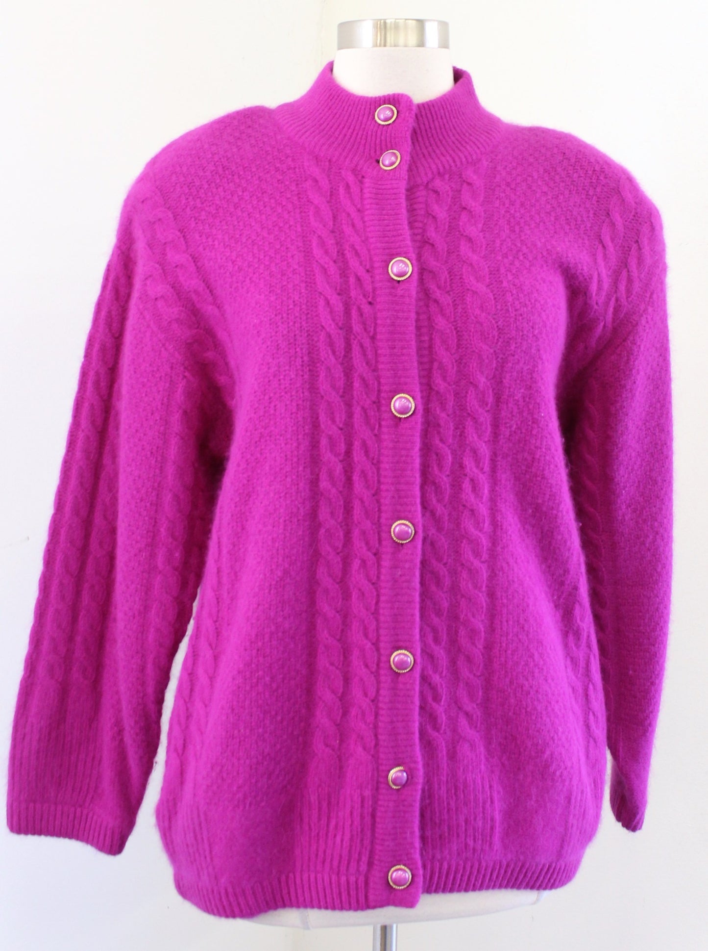 Vtg 90s Berry Magenta Lambswool Angora Rabbit Hair Sweater Jacket Cardigan Sz XS