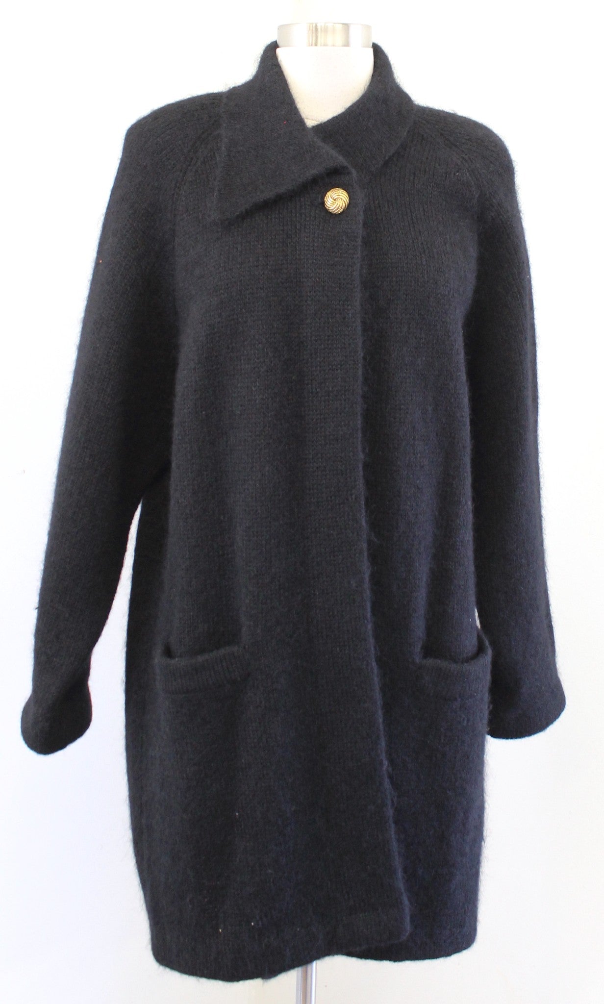 Vtg 90s Black Fuzzy Wool Mohair Blend Coatigan Cardigan Sweater Jacket Size M