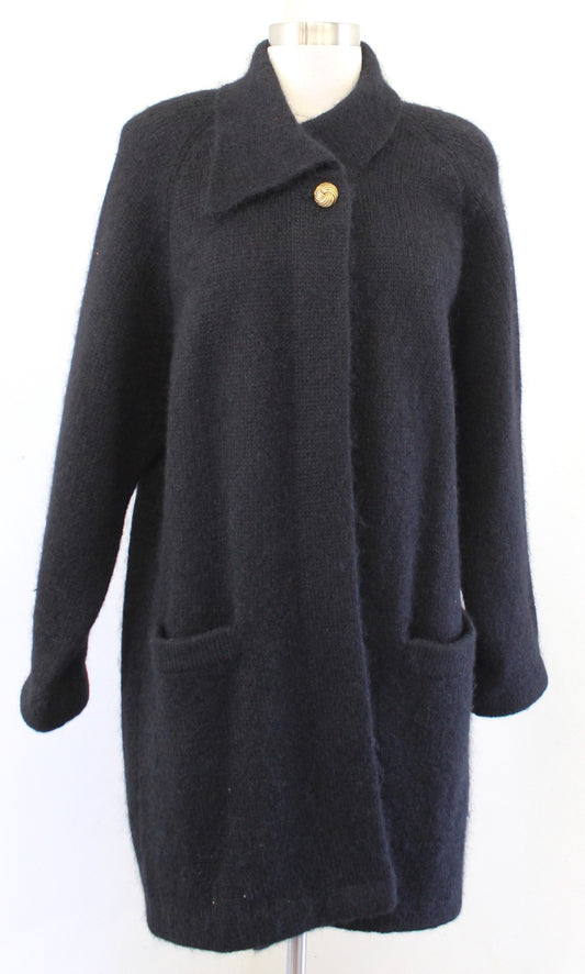 Vtg 90s Black Fuzzy Wool Mohair Blend Coatigan Cardigan Sweater Jacket Size M