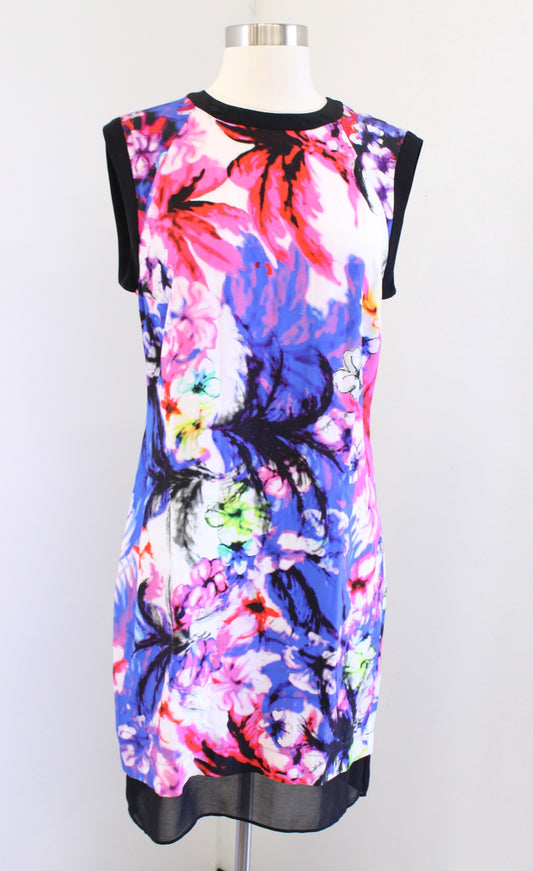 Sandro Paris Colorful Floral Printed Mesh Trim Shift Dress Size 2 Keyhole Back