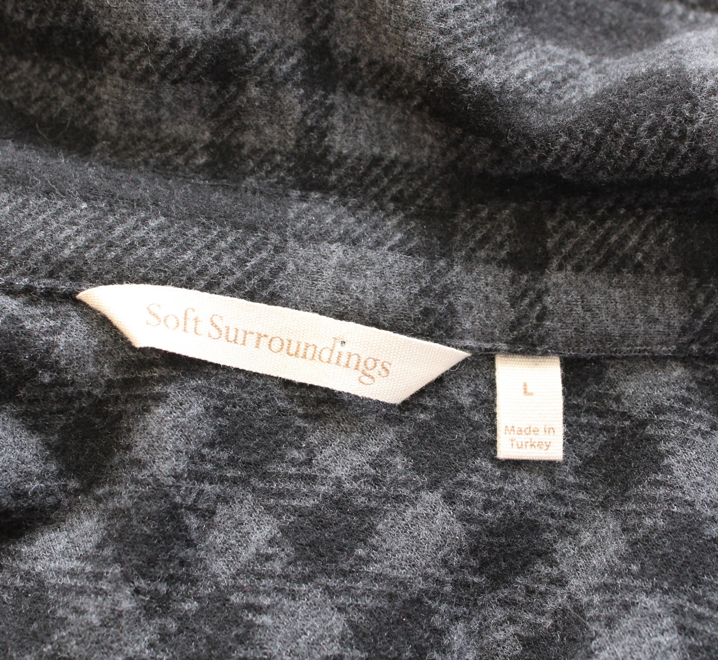 Soft Surroundings Paramour Black Gray Soft Knit Button Front Plaid Tunic Shirt L