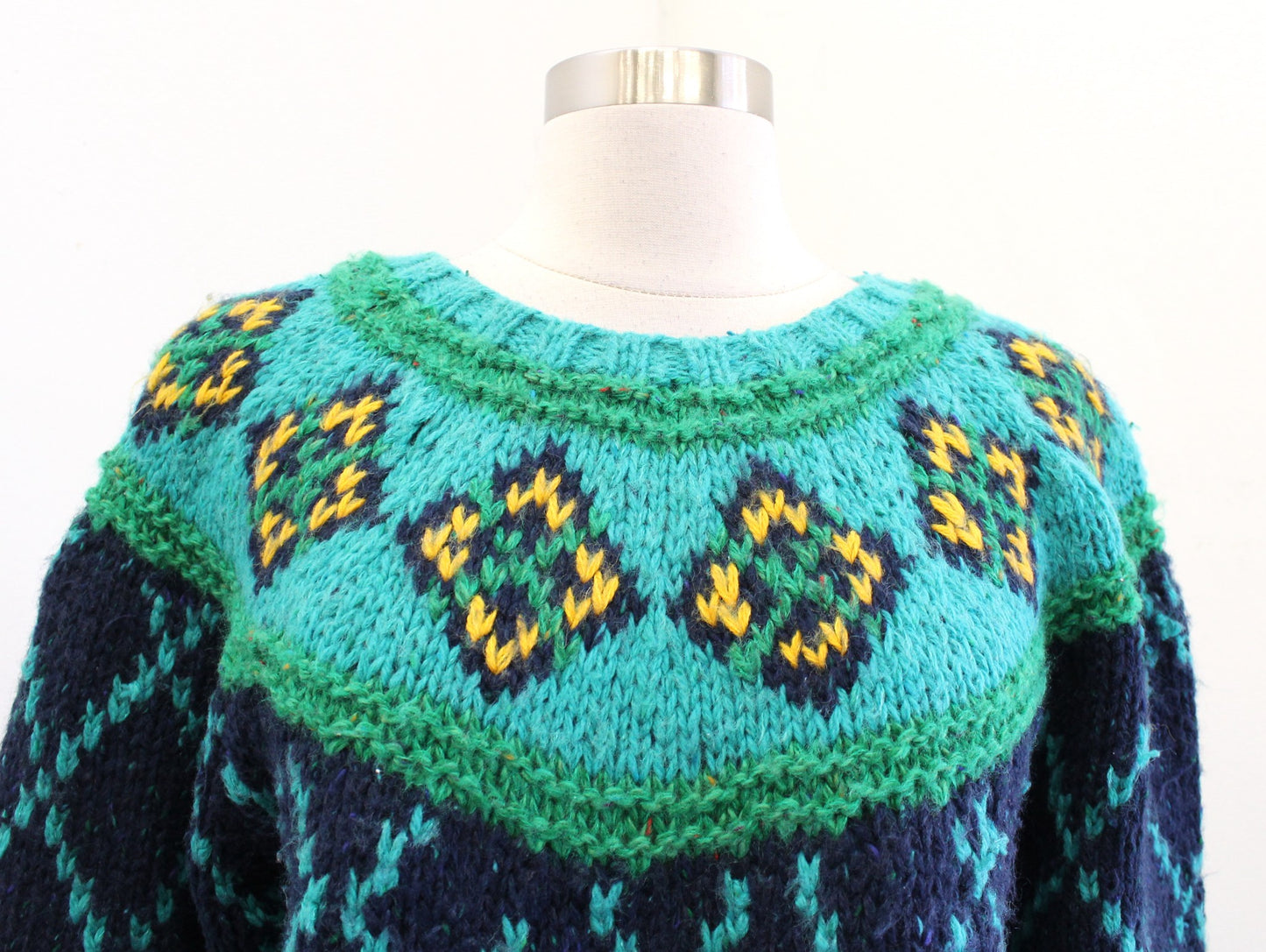 Vtg 90s Blue Green Diamond Fair Isle Confetti Chunky Knit Sweater Size S Wool
