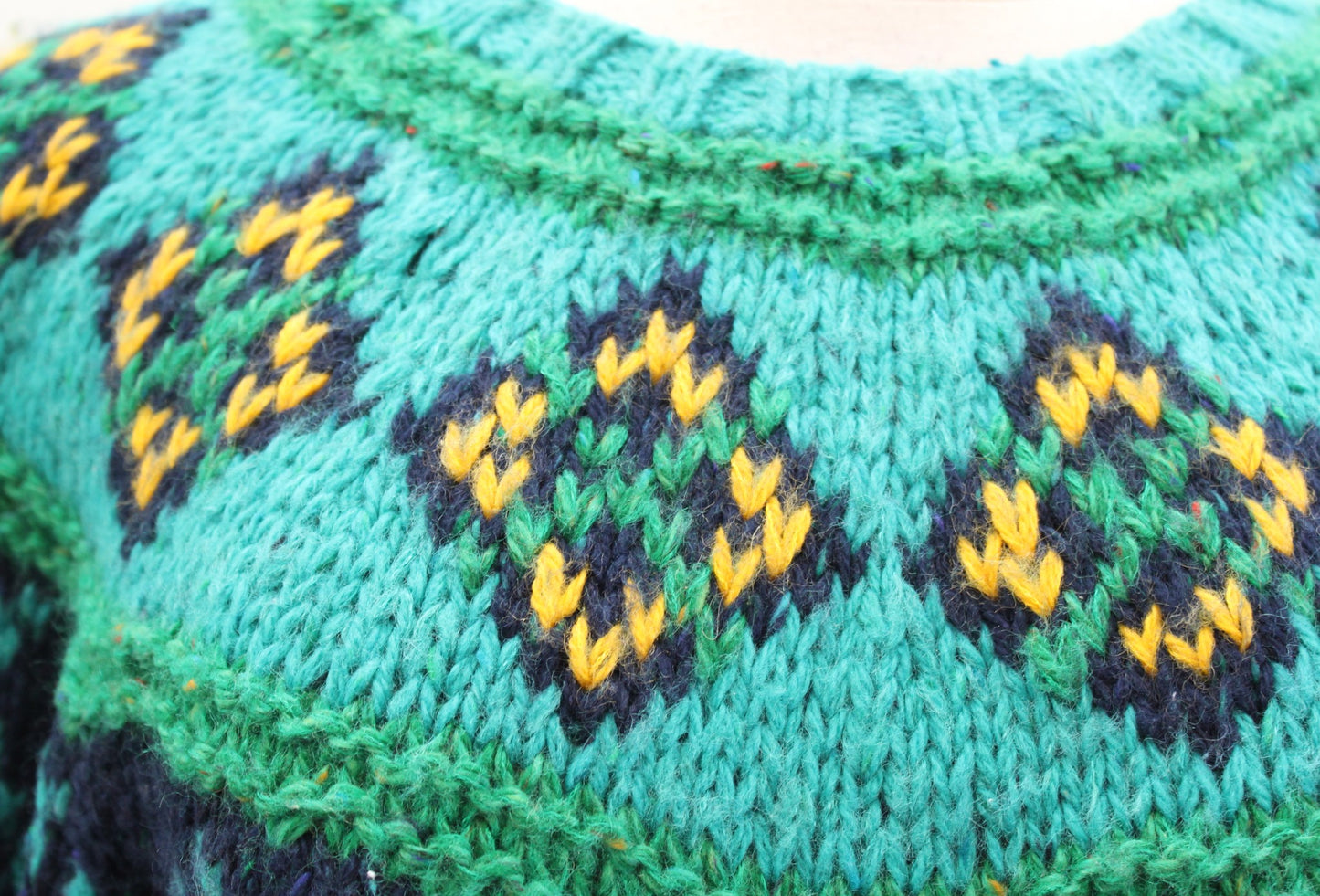 Vtg 90s Blue Green Diamond Fair Isle Confetti Chunky Knit Sweater Size S Wool