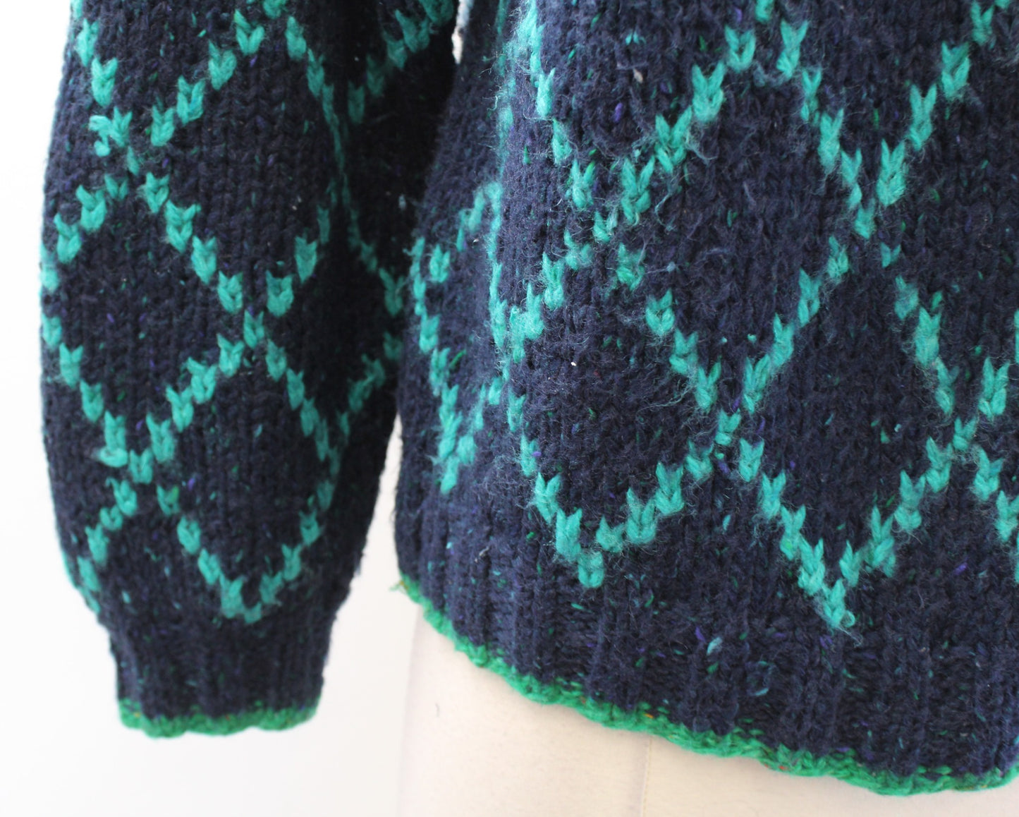 Vtg 90s Blue Green Diamond Fair Isle Confetti Chunky Knit Sweater Size S Wool