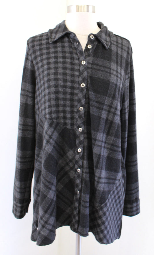 Soft Surroundings Paramour Black Gray Soft Knit Button Front Plaid Tunic Shirt L