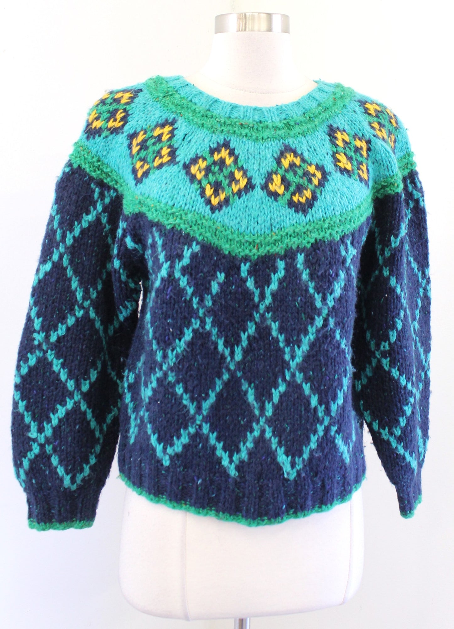 Vtg 90s Blue Green Diamond Fair Isle Confetti Chunky Knit Sweater Size S Wool