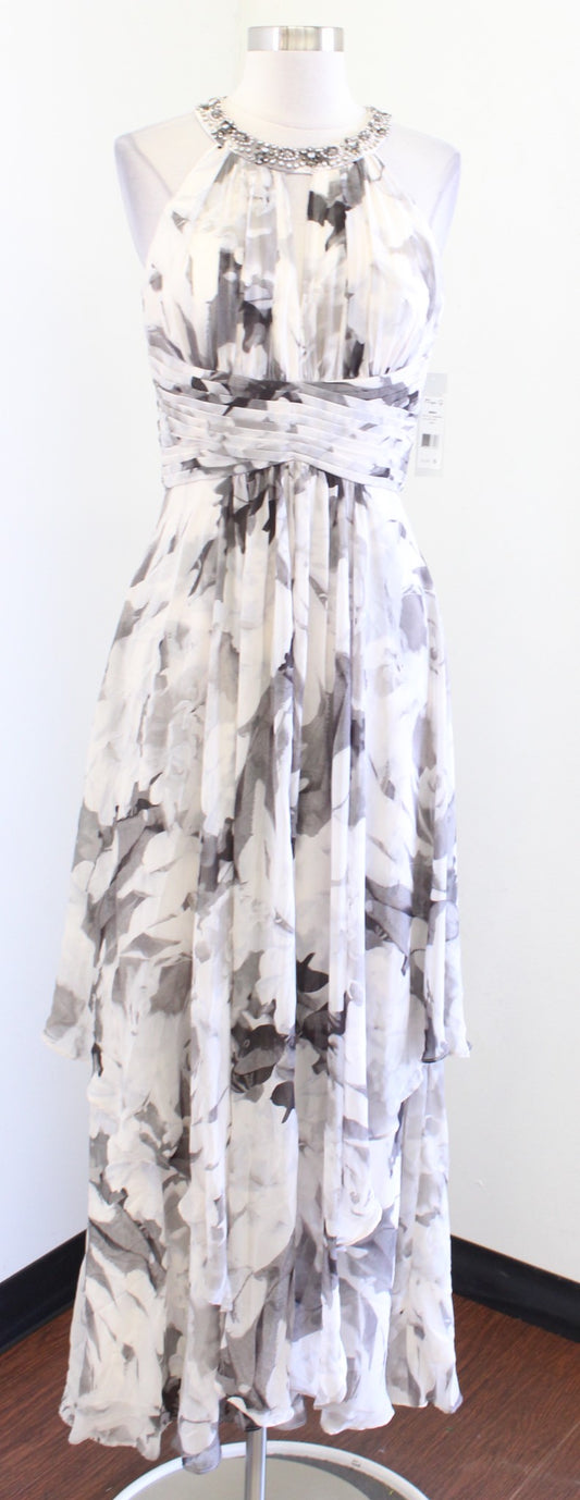 NWT Eliza J Ivory Gray Floral Print Tiered Halter Evening Formal Maxi Dress Sz 6