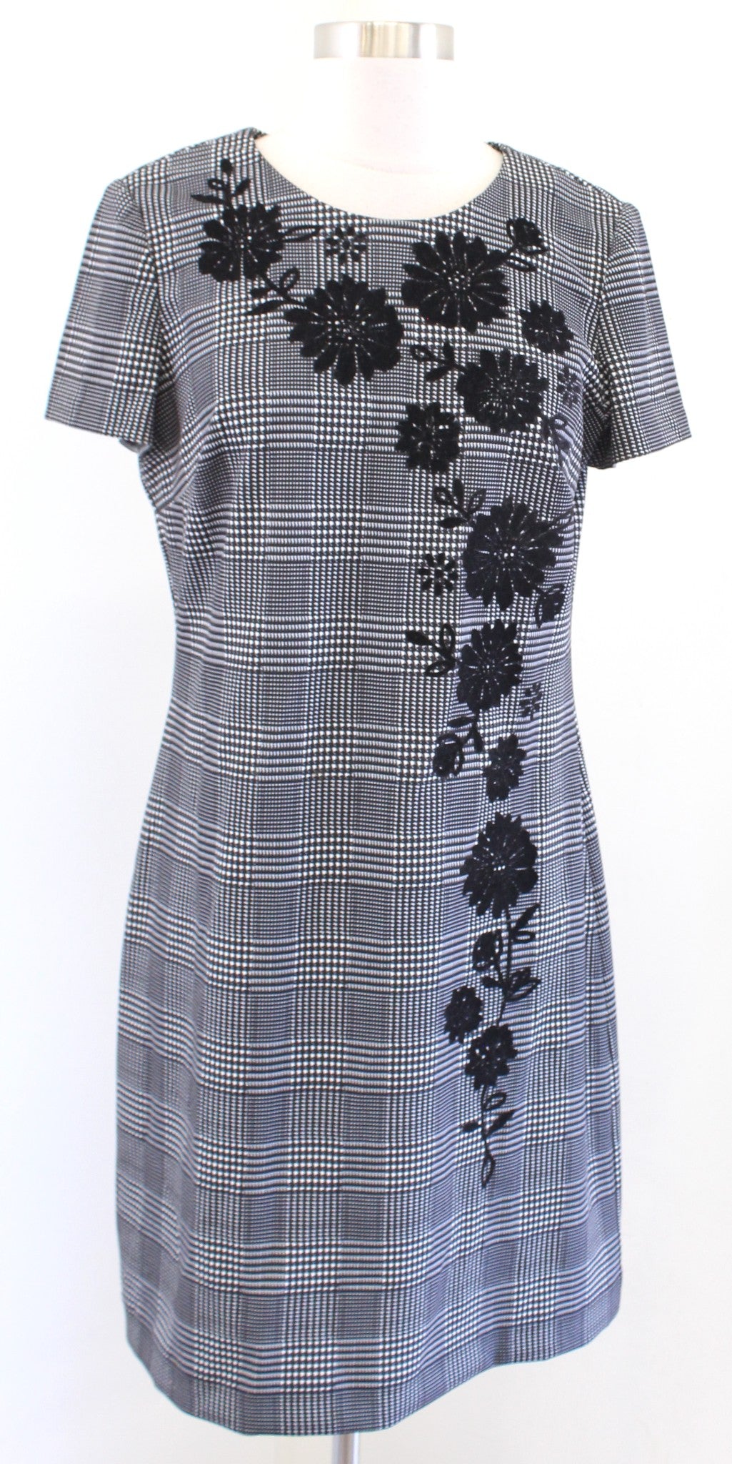 Calvin Klein Black White Houndstooth Plaid Velvet Floral Sheath Dress Size 8