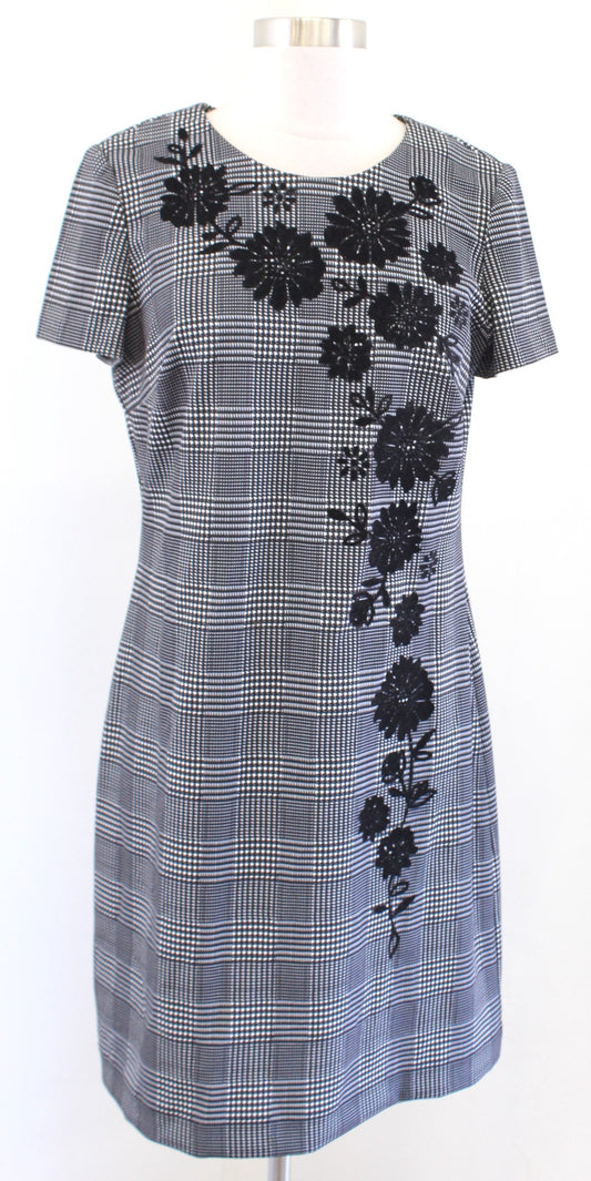 Calvin Klein Black White Houndstooth Plaid Velvet Floral Sheath Dress Size 8