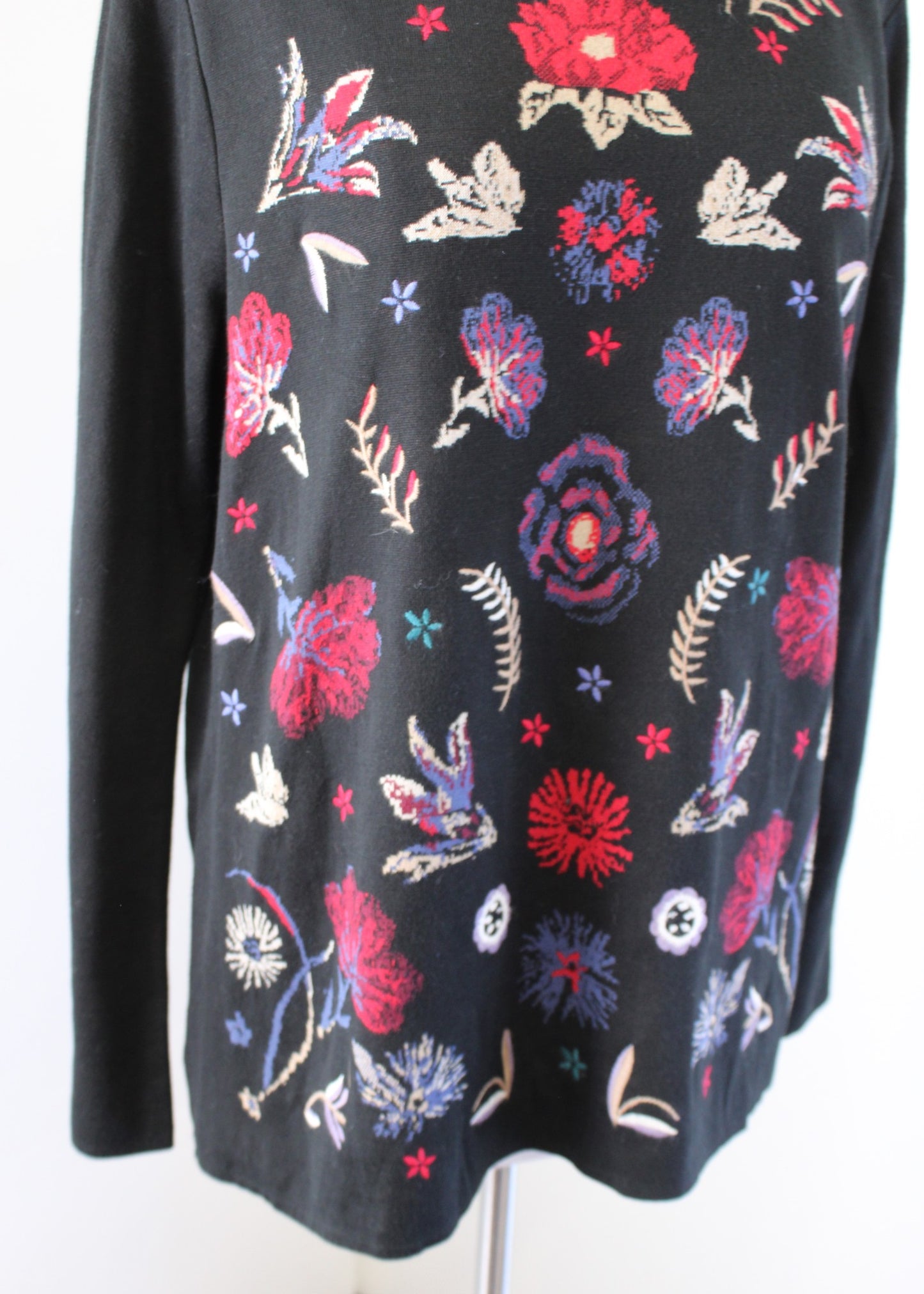 NWT J Jill Womens Black Floral Print Embroidered Knit Cotton Sweater Top Size M