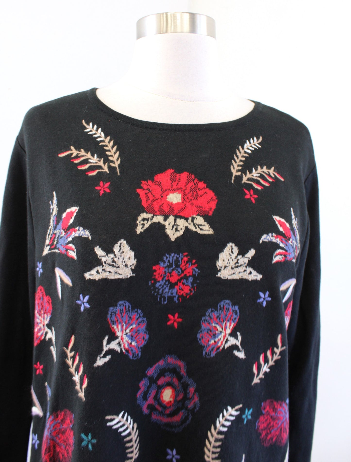 NWT J Jill Womens Black Floral Print Embroidered Knit Cotton Sweater Top Size M