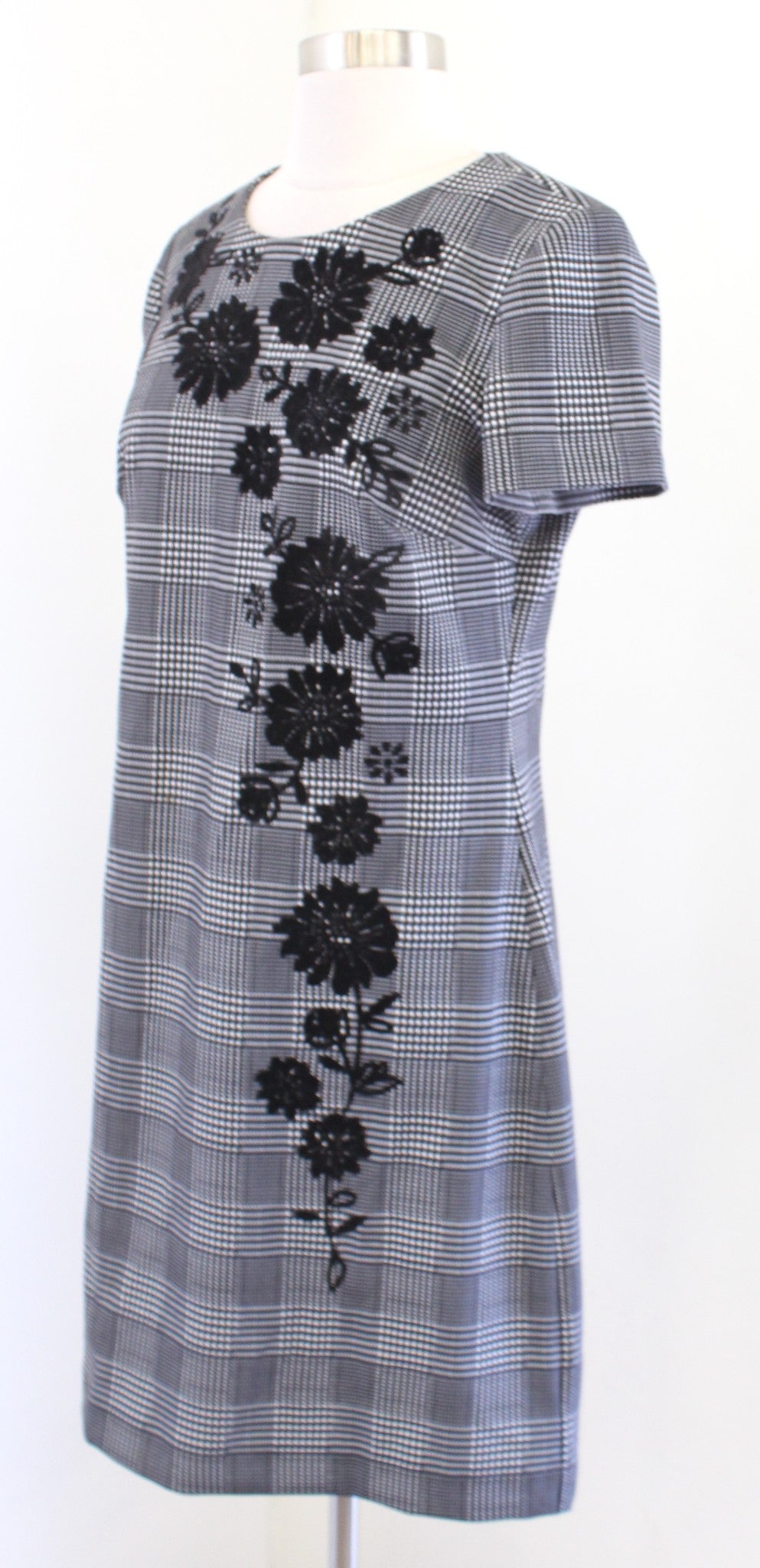 Calvin Klein Black White Houndstooth Plaid Velvet Floral Sheath Dress Size 8