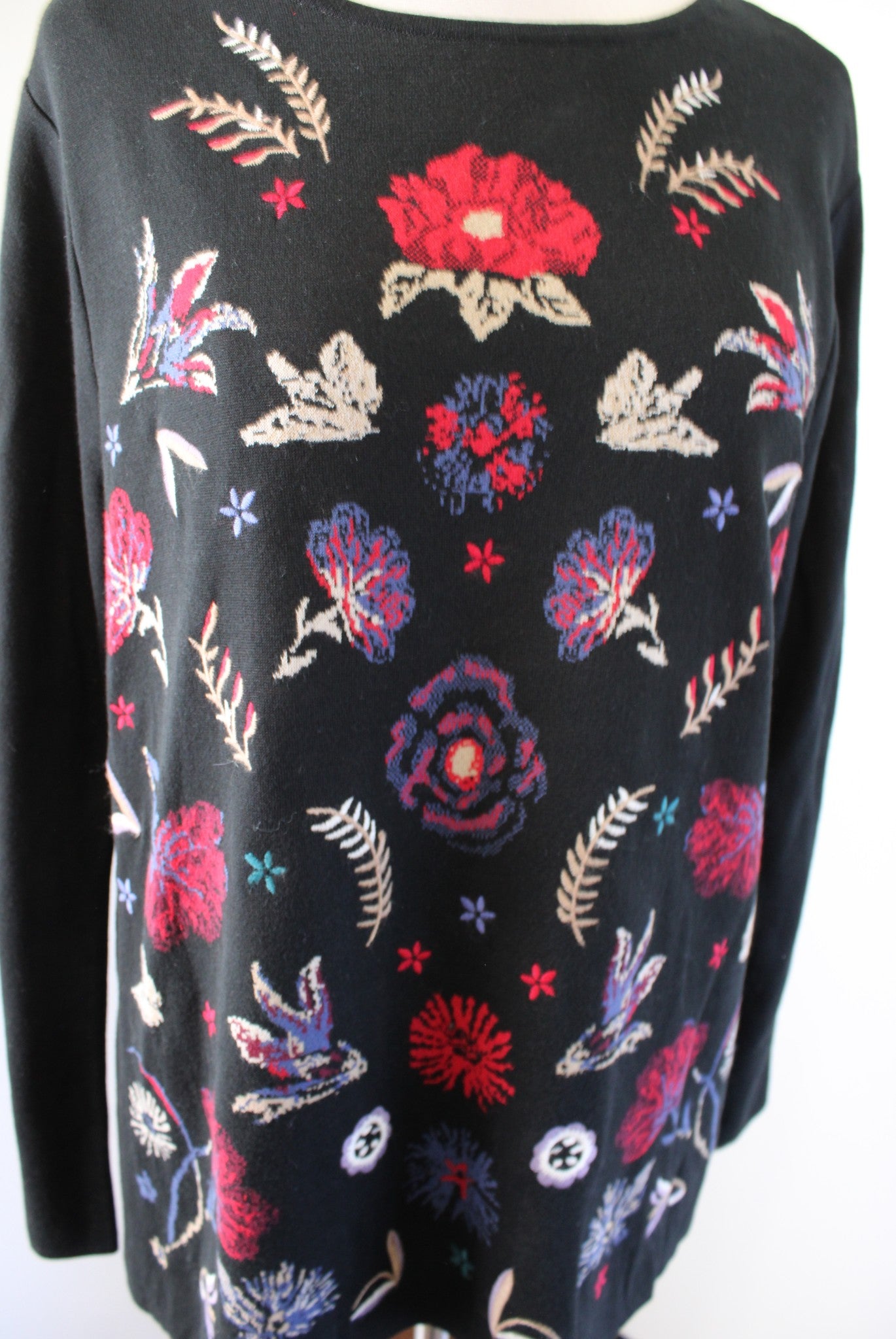 NWT J Jill Womens Black Floral Print Embroidered Knit Cotton Sweater Top Size M