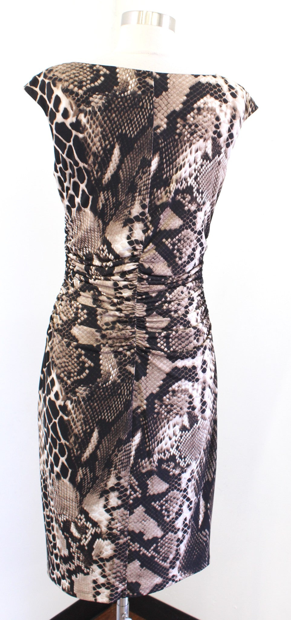 Lauren Ralph Lauren Black Brown Snakeskin Print Jersey Ruched Wiggle Dress Sz 4