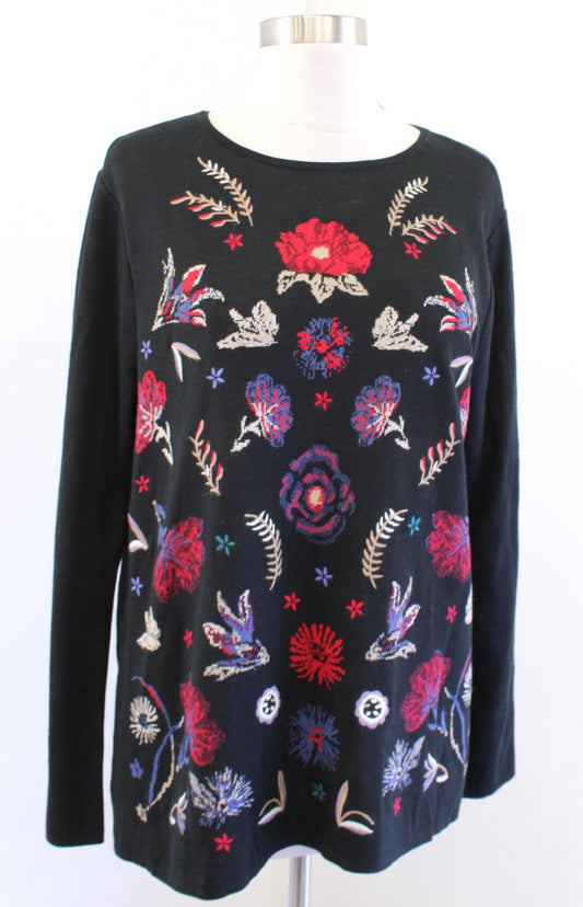 NWT J Jill Womens Black Floral Print Embroidered Knit Cotton Sweater Top Size M