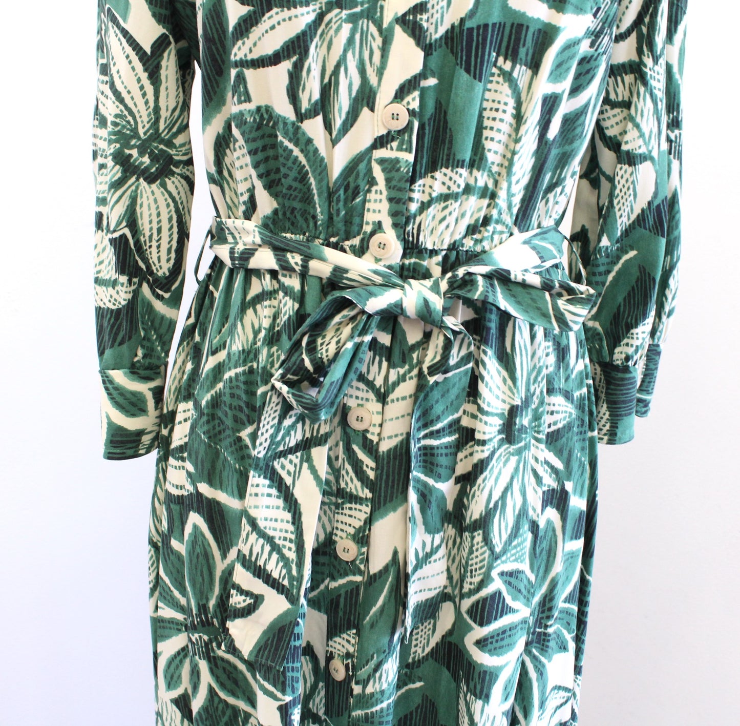 Zara Green Tropical Floral Button Front Tie Waist Midi Shirt Dress Size M Maxi