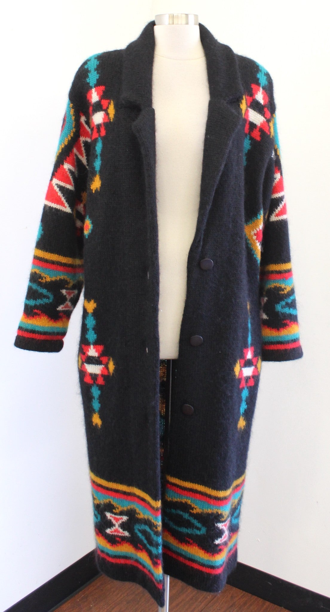 Vtg 90s Black Colorful Southwestern Knit Coatigan Sweater Coat Duster S Mohair