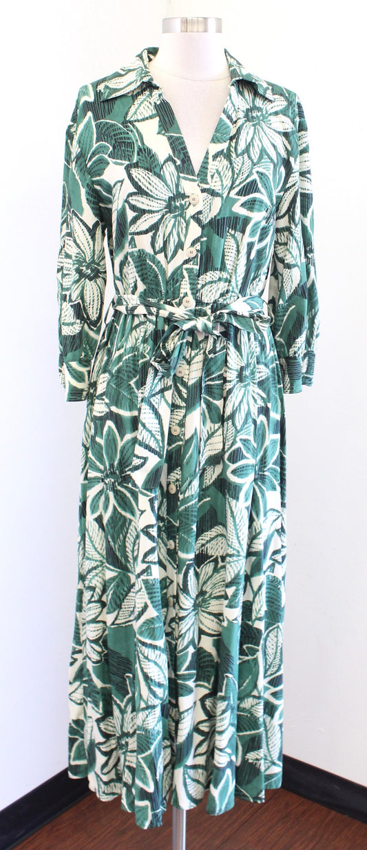 Zara Green Tropical Floral Button Front Tie Waist Midi Shirt Dress Size M Maxi