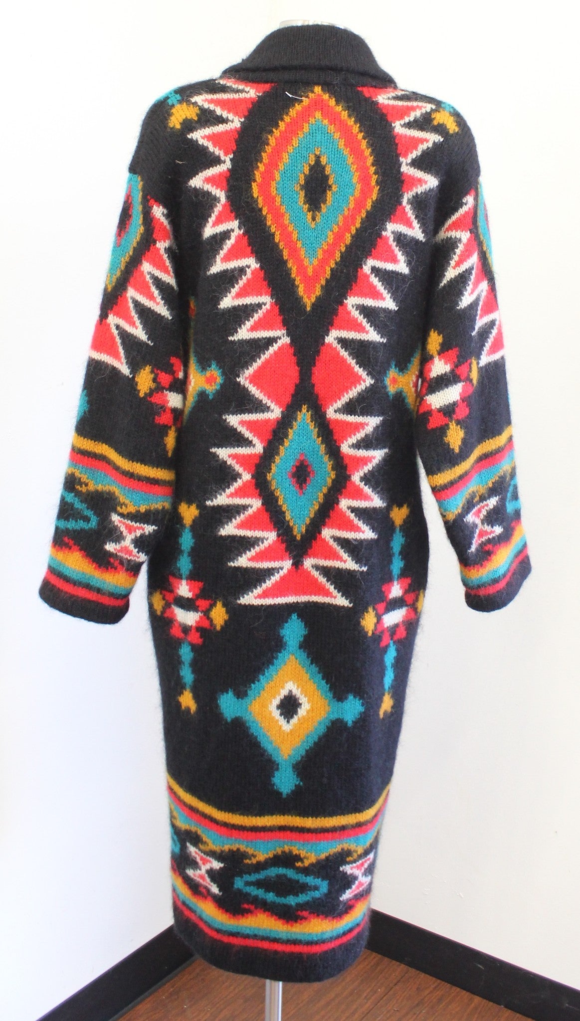 Vtg 90s Black Colorful Southwestern Knit Coatigan Sweater Coat Duster S Mohair
