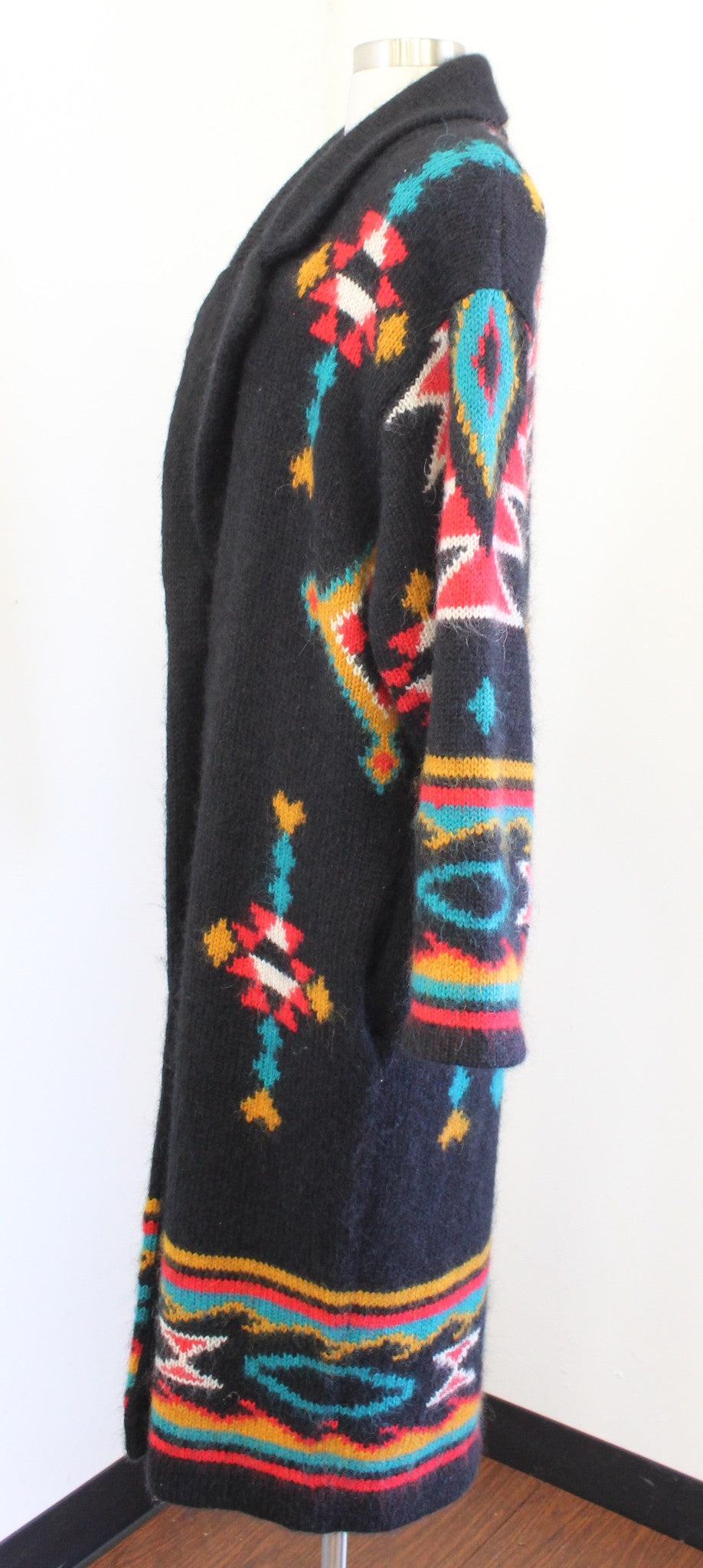 Vtg 90s Black Colorful Southwestern Knit Coatigan Sweater Coat Duster S Mohair