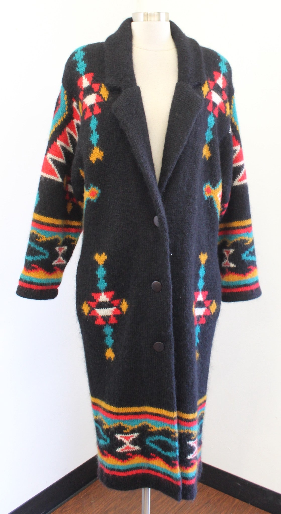 Vtg 90s Black Colorful Southwestern Knit Coatigan Sweater Coat Duster S Mohair