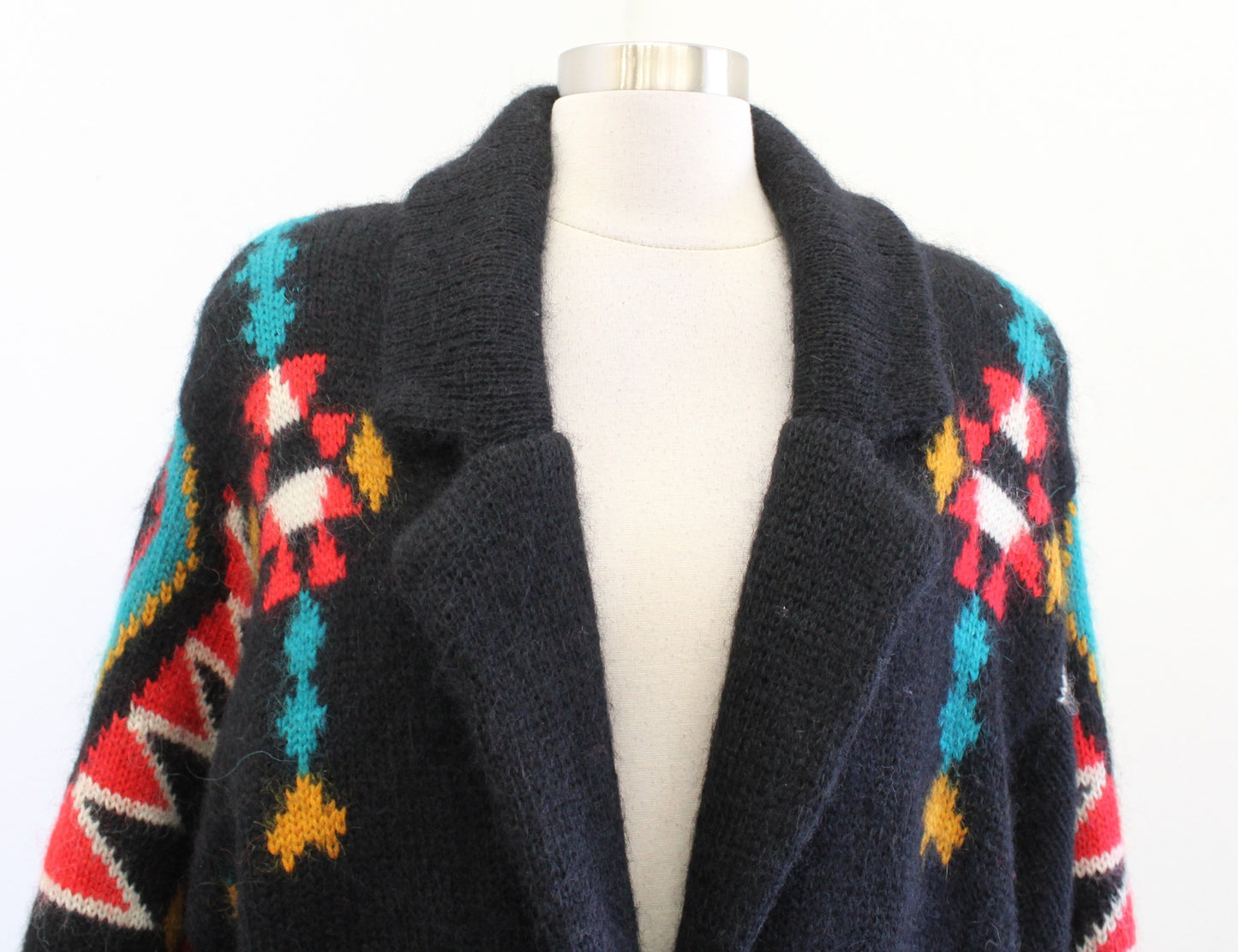 Vtg 90s Black Colorful Southwestern Knit Coatigan Sweater Coat Duster S Mohair
