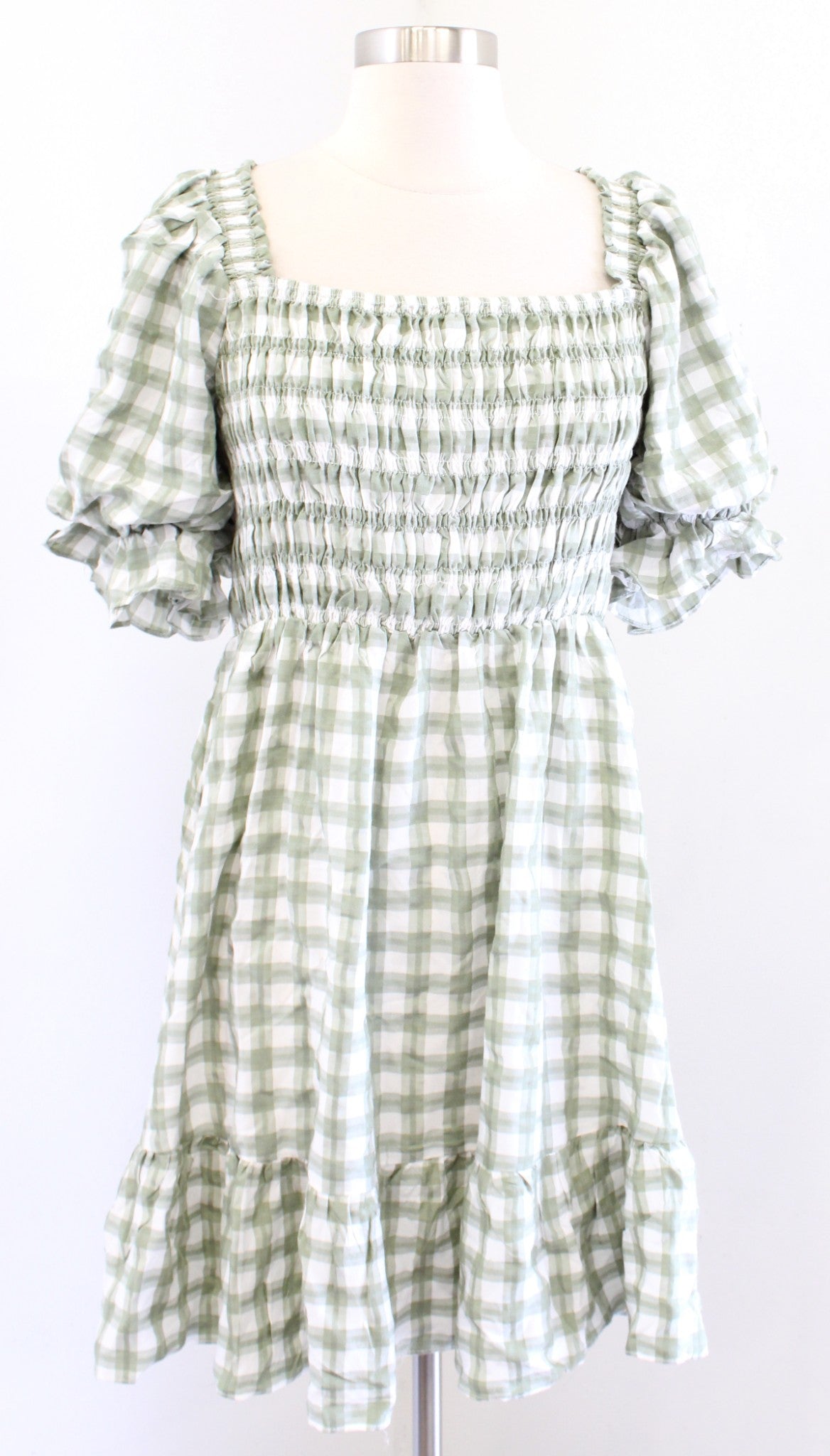 NWT Princess Polly Adelio Green Plaid Puff Sleeve Mini Dress Size US 12 Smocked