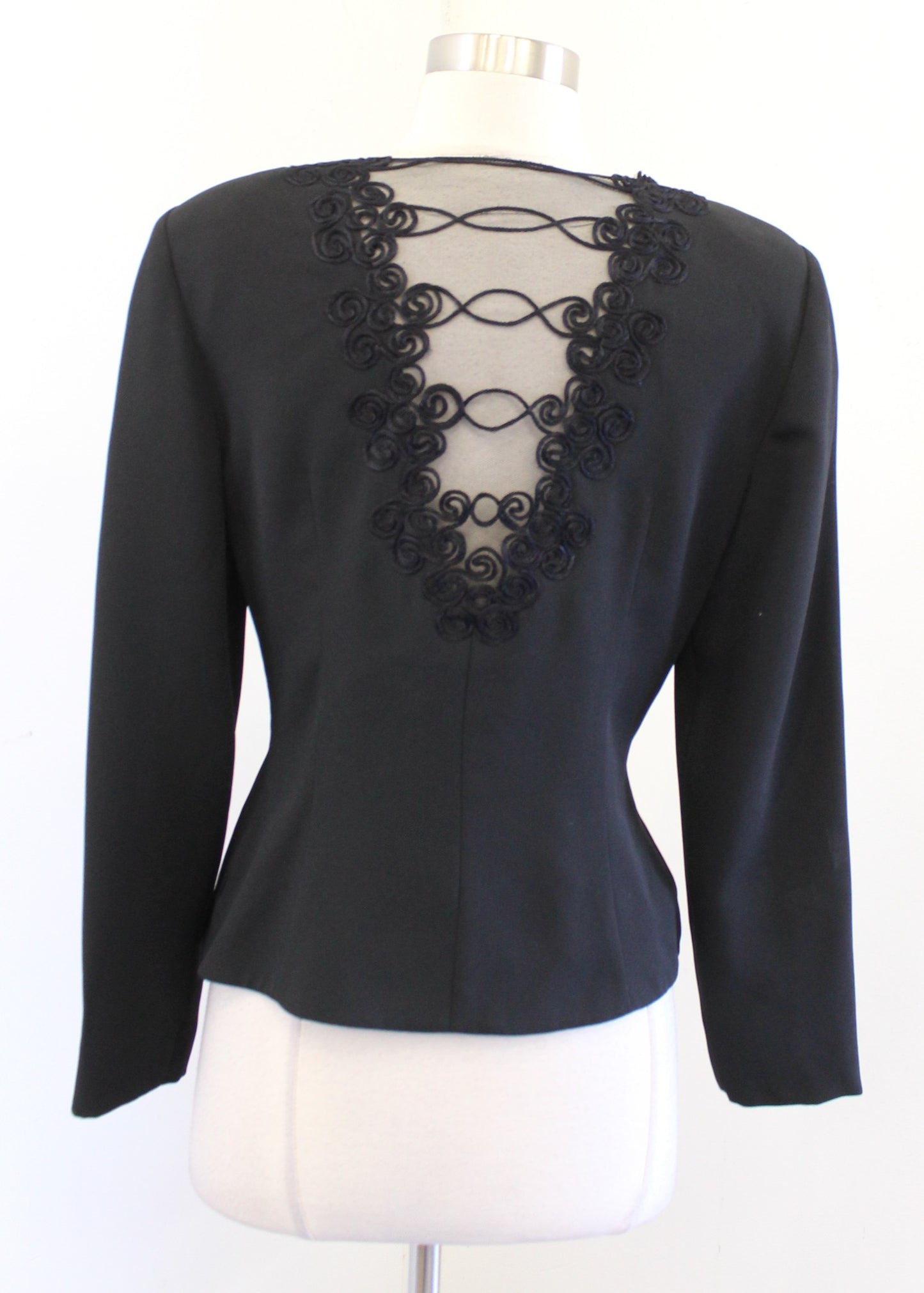 Vtg 90s Black Button Front Blazer Style Evening Top Blouse Size 4 Mesh Lace Back