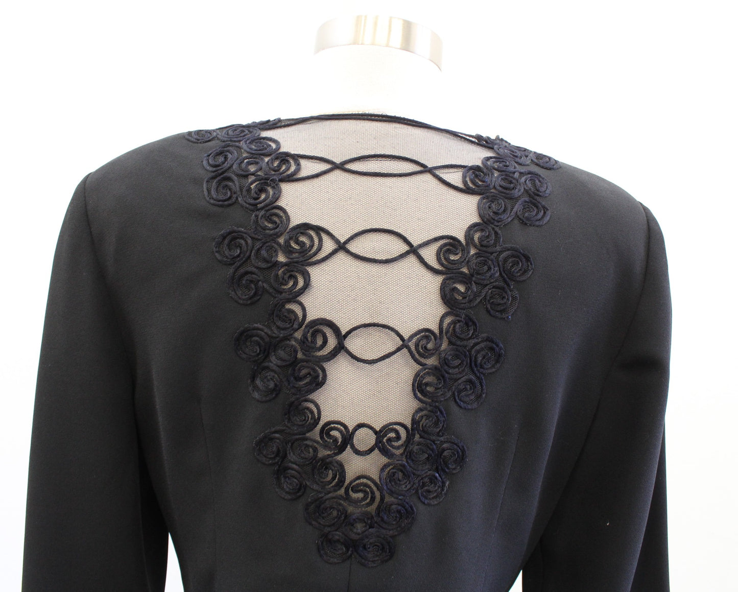 Vtg 90s Black Button Front Blazer Style Evening Top Blouse Size 4 Mesh Lace Back