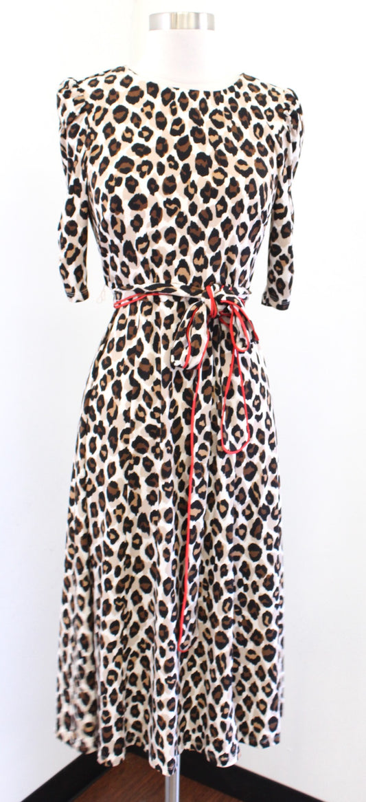 Eliza J Leopard Print Red Piped Belt Tie Waist Ruched Sleeve Midi Dress Size 4