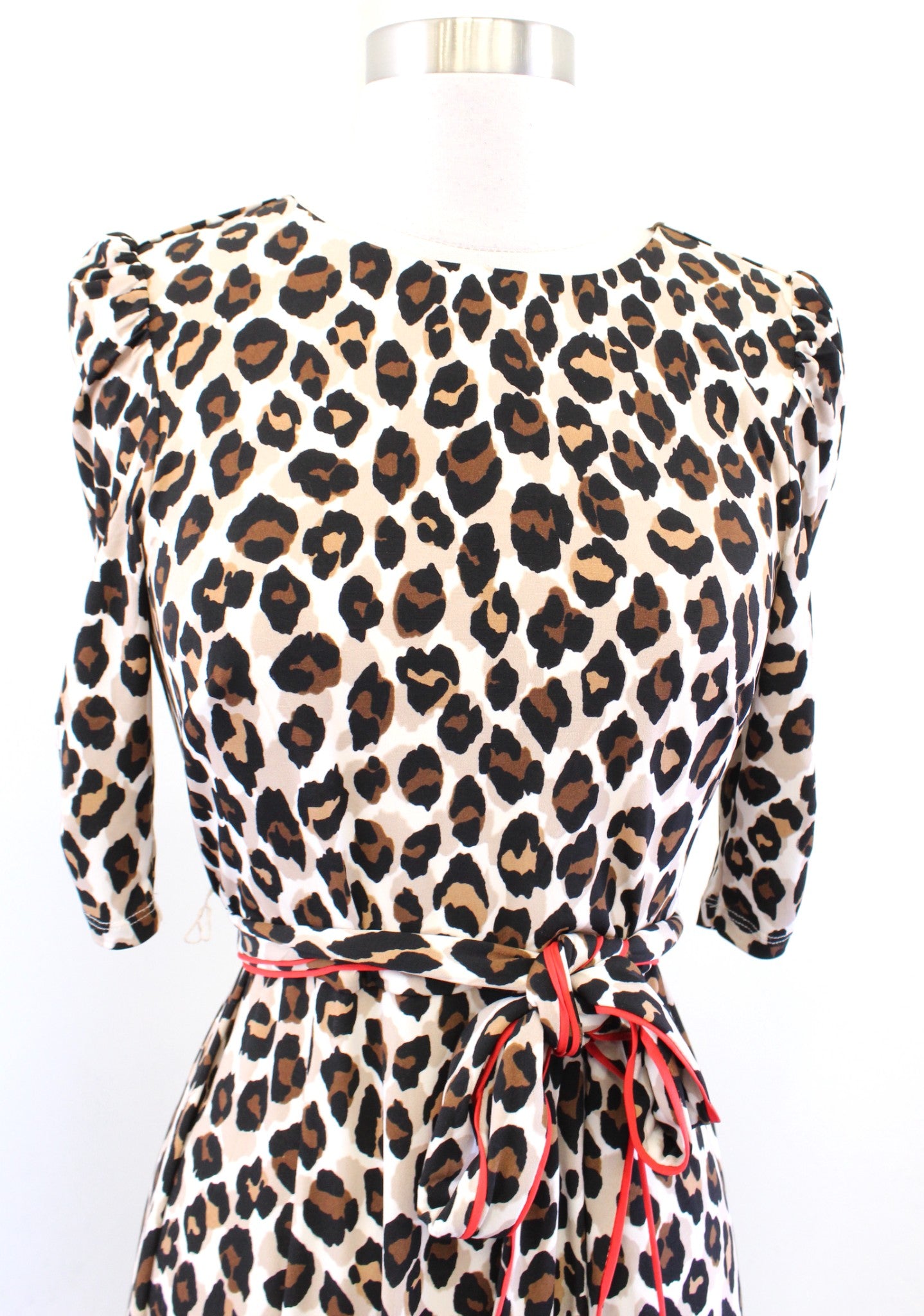 Eliza J Leopard Print Red Piped Belt Tie Waist Ruched Sleeve Midi Dress Size 4