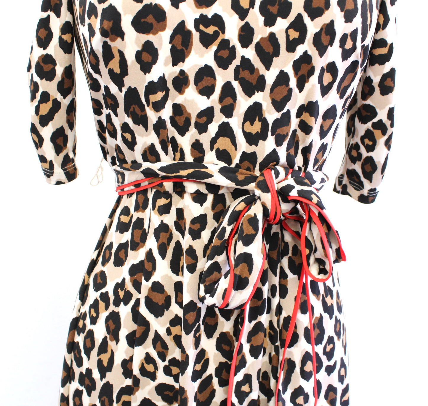 Eliza J Leopard Print Red Piped Belt Tie Waist Ruched Sleeve Midi Dress Size 4