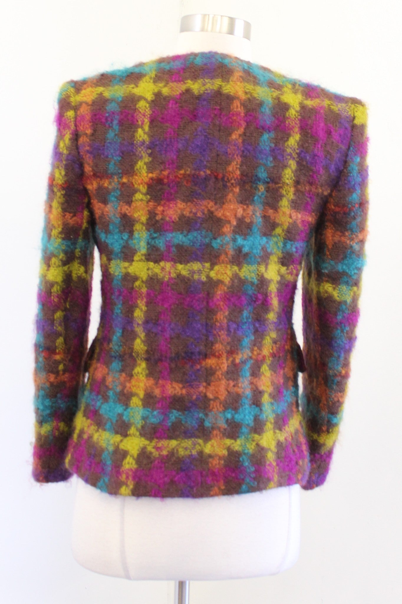 Vtg 90s Brown Colorful Plaid Chunky Button Blazer Jacket Sz 4 Curly Tweed Retro